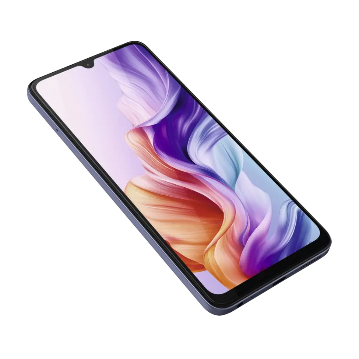 Fioletowy i pomarańczowy smartfon, z ekranem wyświetlającym kolorowe abstrakcyjne kształty, widok pod kątem.