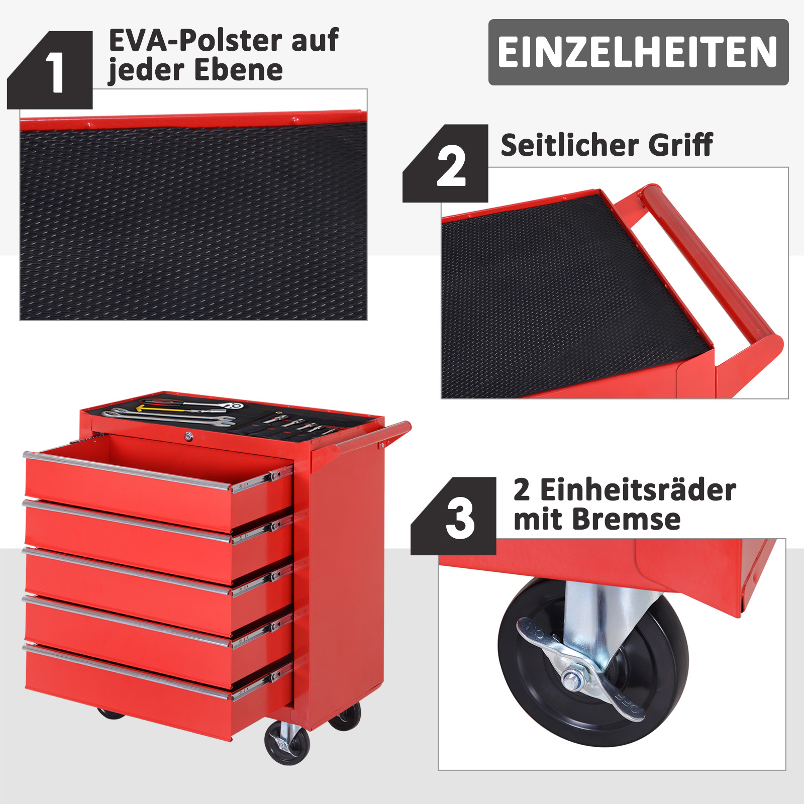 Rote Werkzeugkiste mit Details von Schubladen und Griff. Vier Schubladen, schwarzer Deckel, Räder.