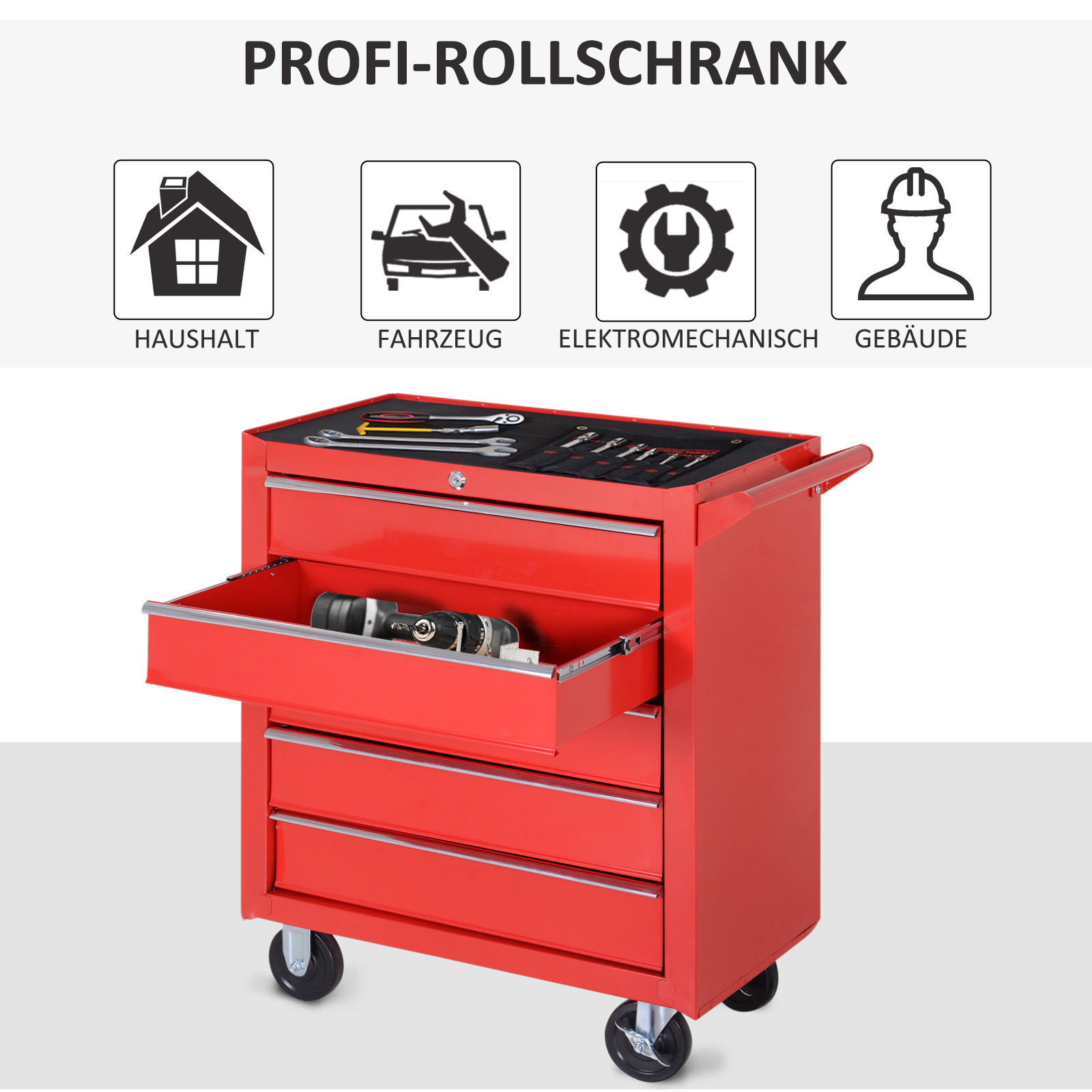 Rote Werkzeugkiste mit offener Schublade. Symbole von Haus, Auto, Zahnrad und Person darüber. Auf Rädern.