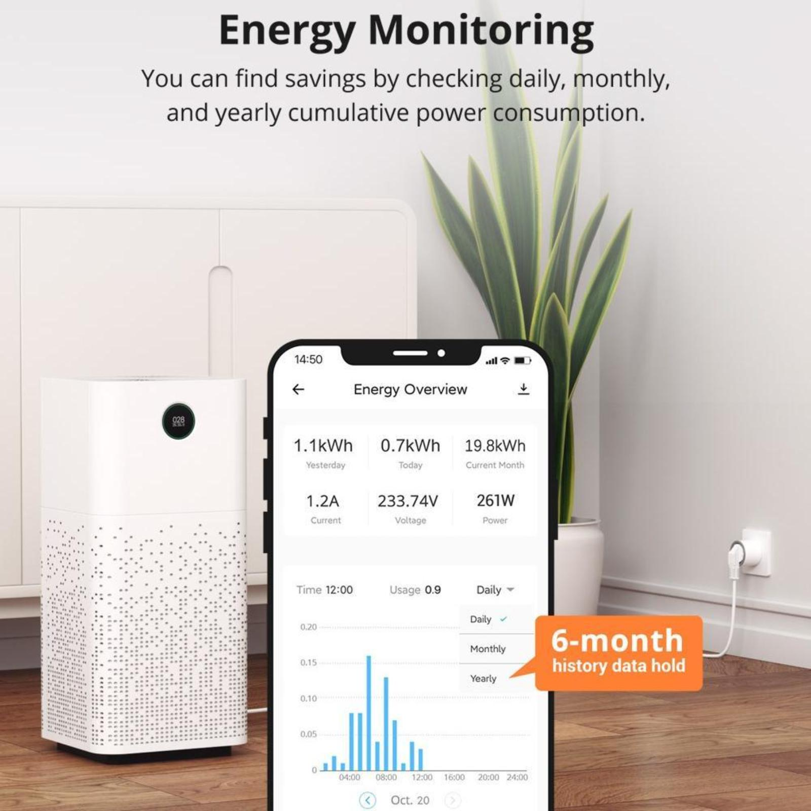 Ein Luftreiniger und ein Smartphone mit Energieüberwachungsdaten. Grafiken und Text sind vorhanden.