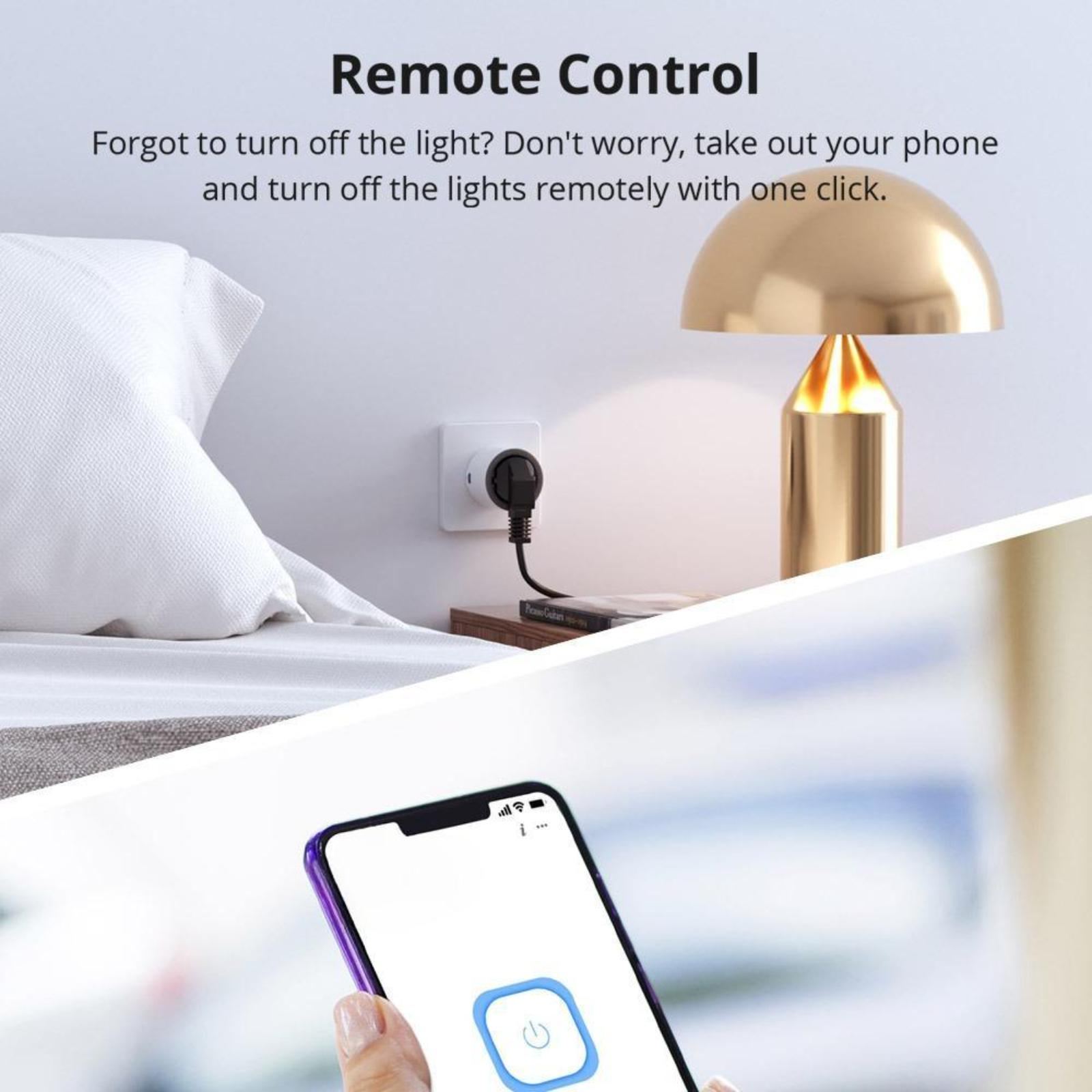 Eine Szene zeigt einen intelligenten Stecker und einen Nachttisch, mit einem Smartphone.