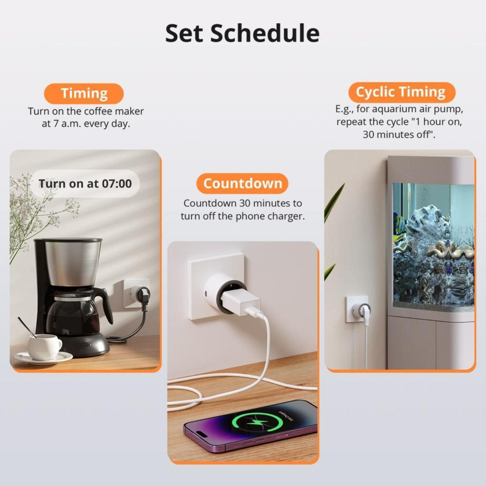 Bilder mit Planungsoptionen für einen intelligenten Stecker: Timing, Countdown und zyklisches Timing.