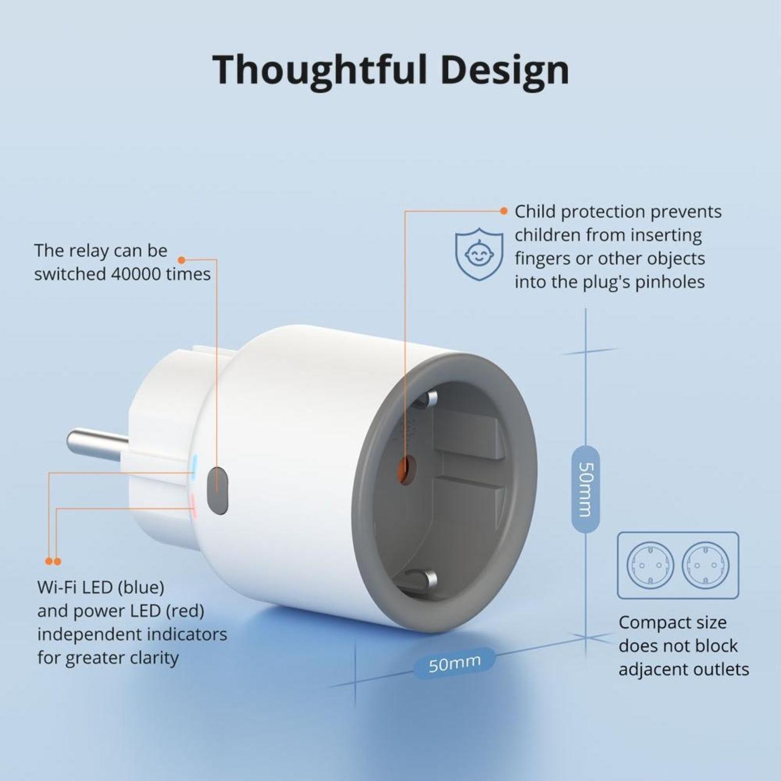 Ein weißer Smart Plug mit grauem Ring, einer roten und blauen LED und einer Diagramm, das Abmessungen und Funktionen zeigt.