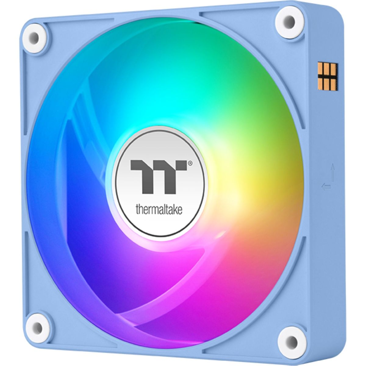 Un ventilador de ordenador azul claro con una aspa de ventilador de color arcoíris y el logotipo de Thermaltake en blanco en el centro.