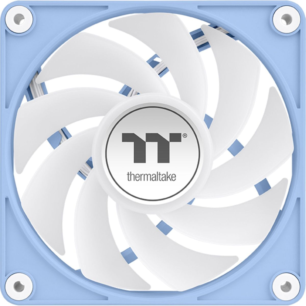 Un ventilador de computadora con marco azul y aspas blancas. El logo está en el centro.