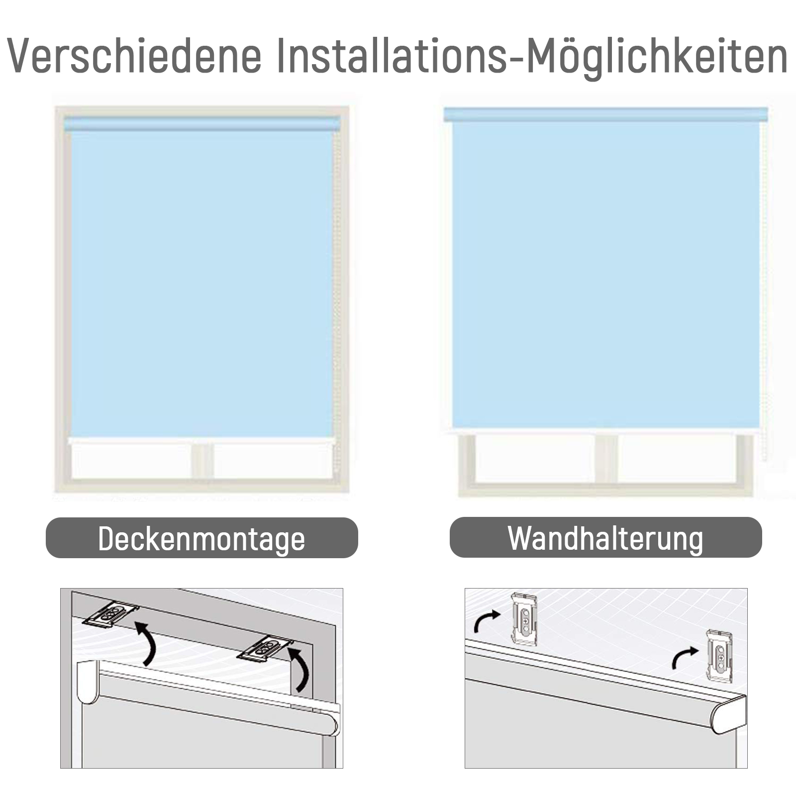 Zwei Installationsoptionen für Rollos werden gezeigt: Deckenmontage und Wandmontage, mit Hardware-Diagrammen.