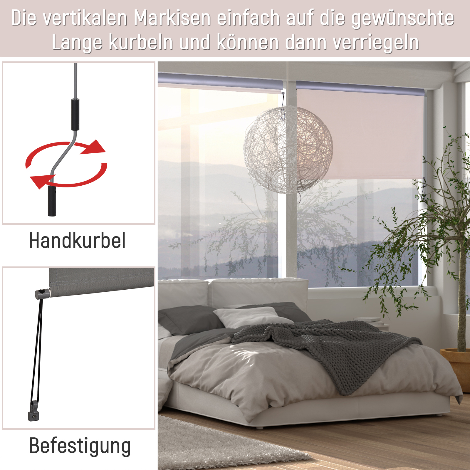 Details von Fensterjalousien mit Schlafzimmer im Hintergrund.