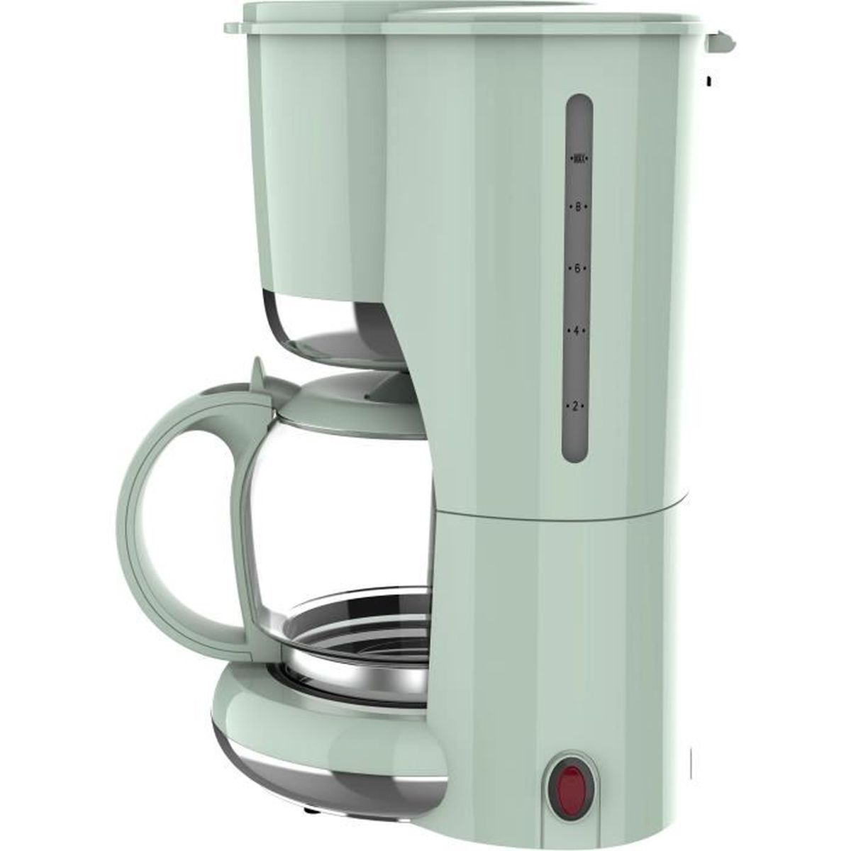 Una caffettiera verde menta con una caraffa di vetro è mostrata di lato. Ci sono segni del livello dell'acqua.