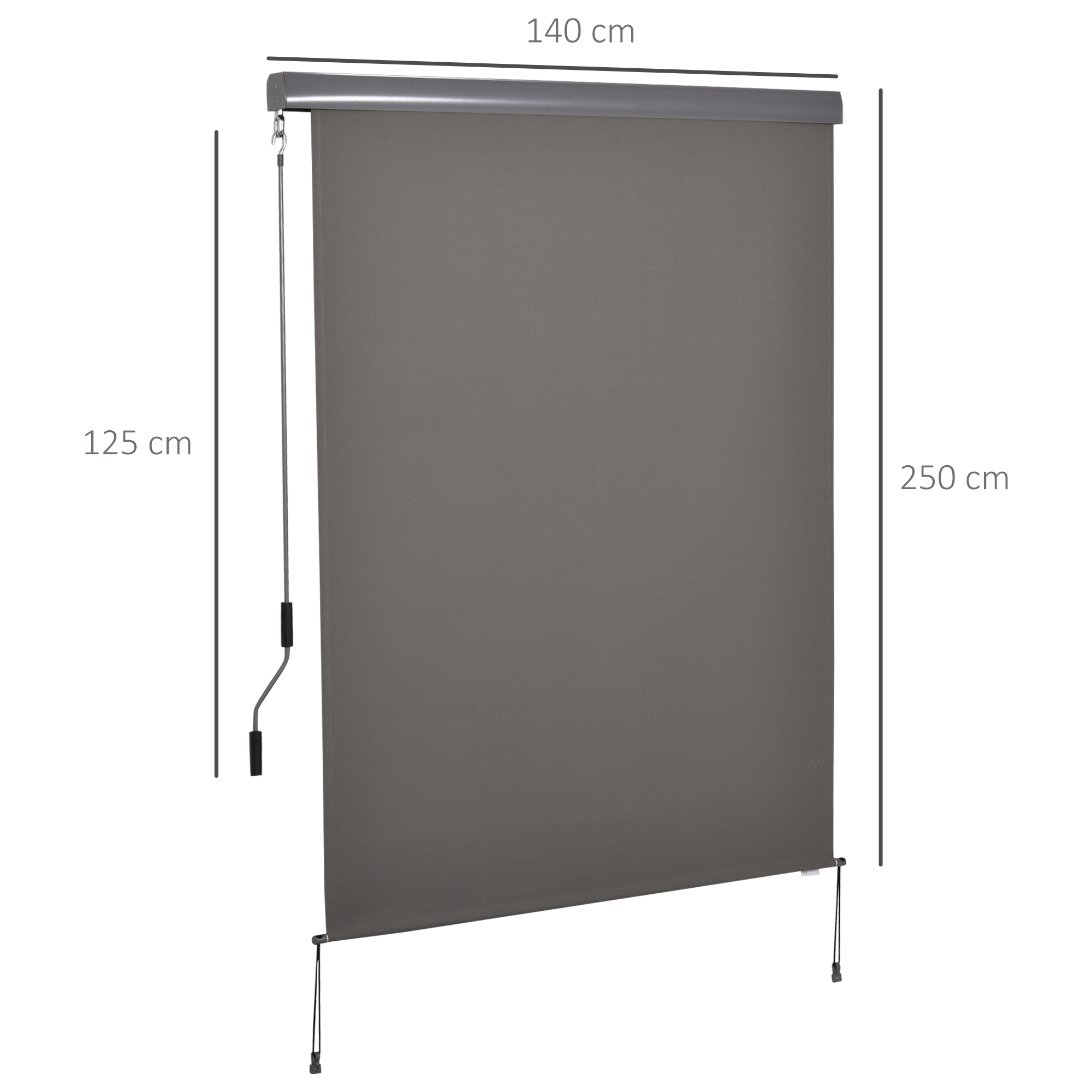 Eine graue Rollo wird gezeigt. Abmessungen: 140 cm breit, 125 cm hoch und erstreckt sich 250 cm nach unten.