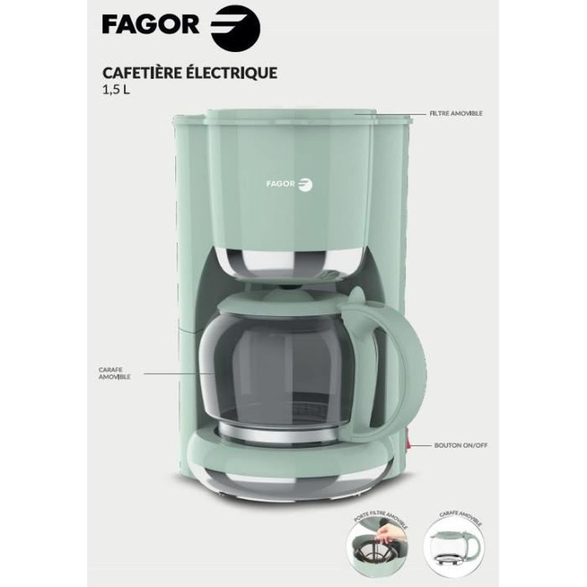 Una caffettiera Fagor verde menta con una caraffa di vetro ed etichette.