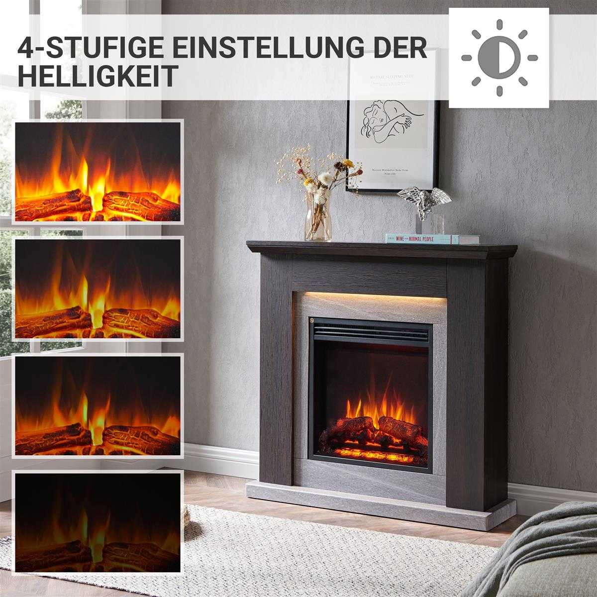 Ein Kamin mit vier verschiedenen Flammeneinstellungen. Der Kamin ist dunkel und hat eine helle Basis.