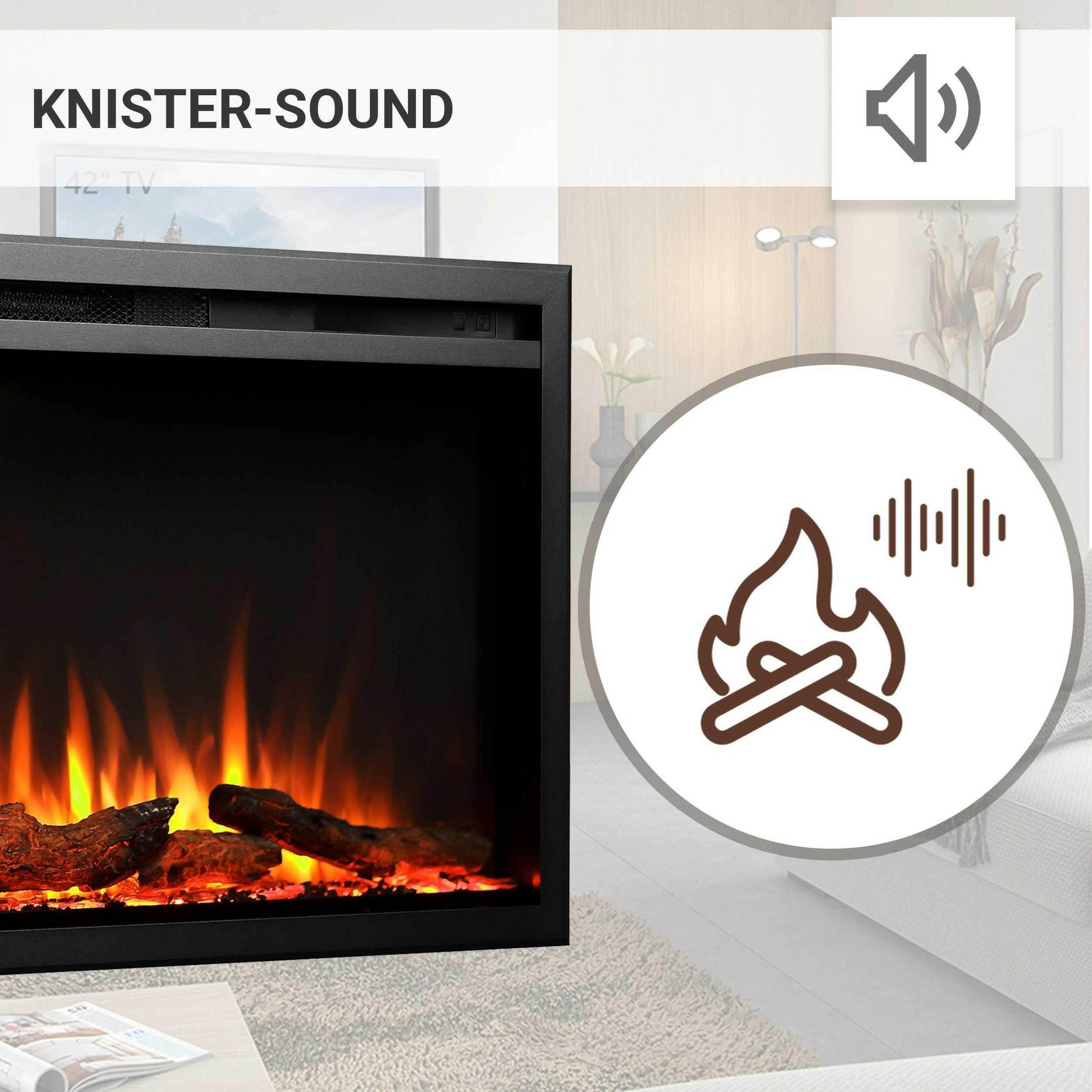 Elektrischer Kamin mit Flammen, einem Holzscheit und einem Lautsprechersymbol.