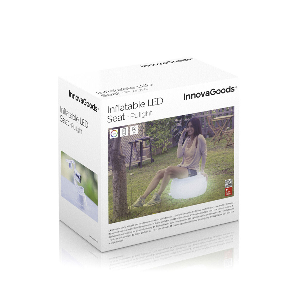 Une boîte de produit avec une femme assise sur un siège LED gonflable. La boîte montre le produit et l'utilisateur.