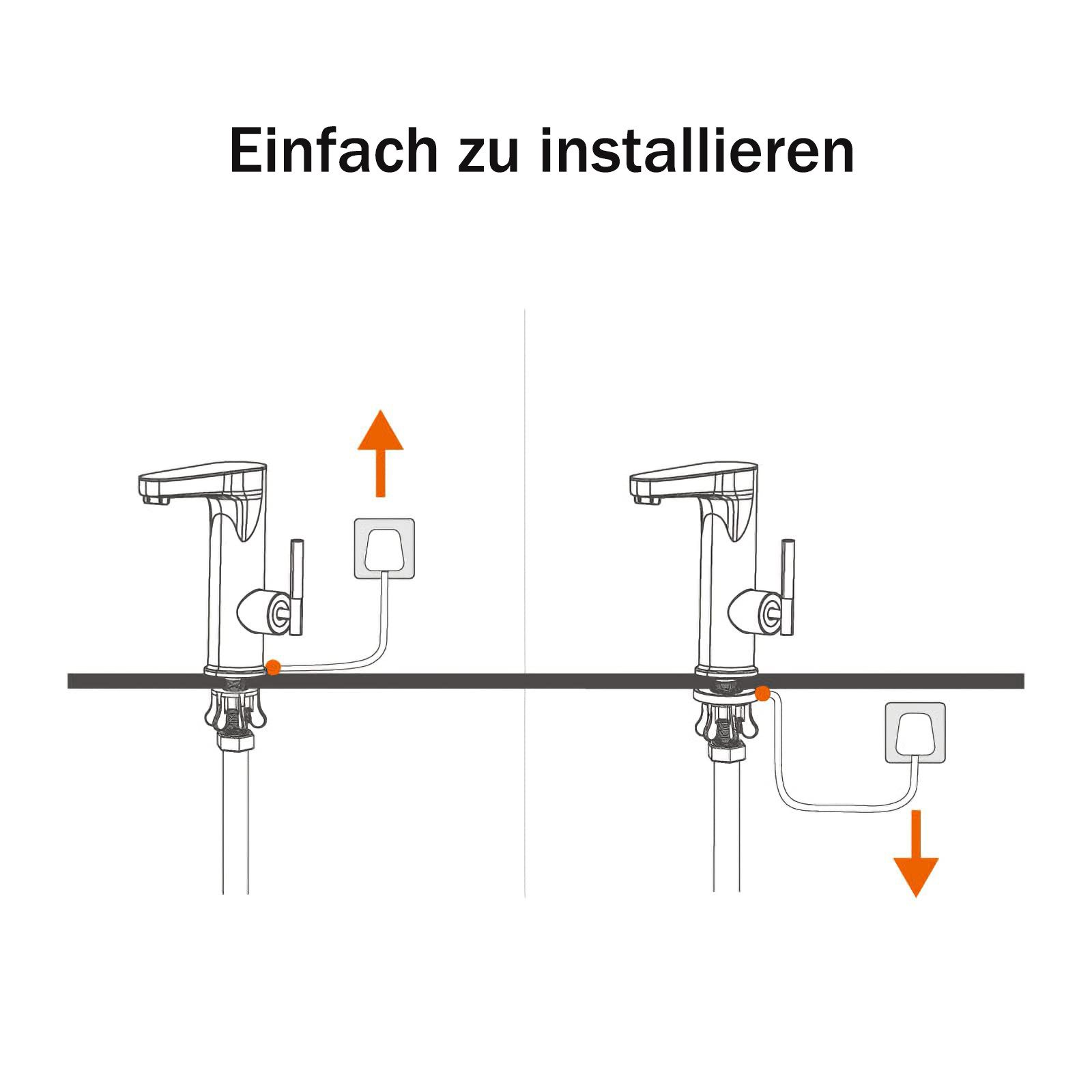 Diagramm zur Installation eines Wasserhahns. Pfeile zeigen die Installationsrichtung.