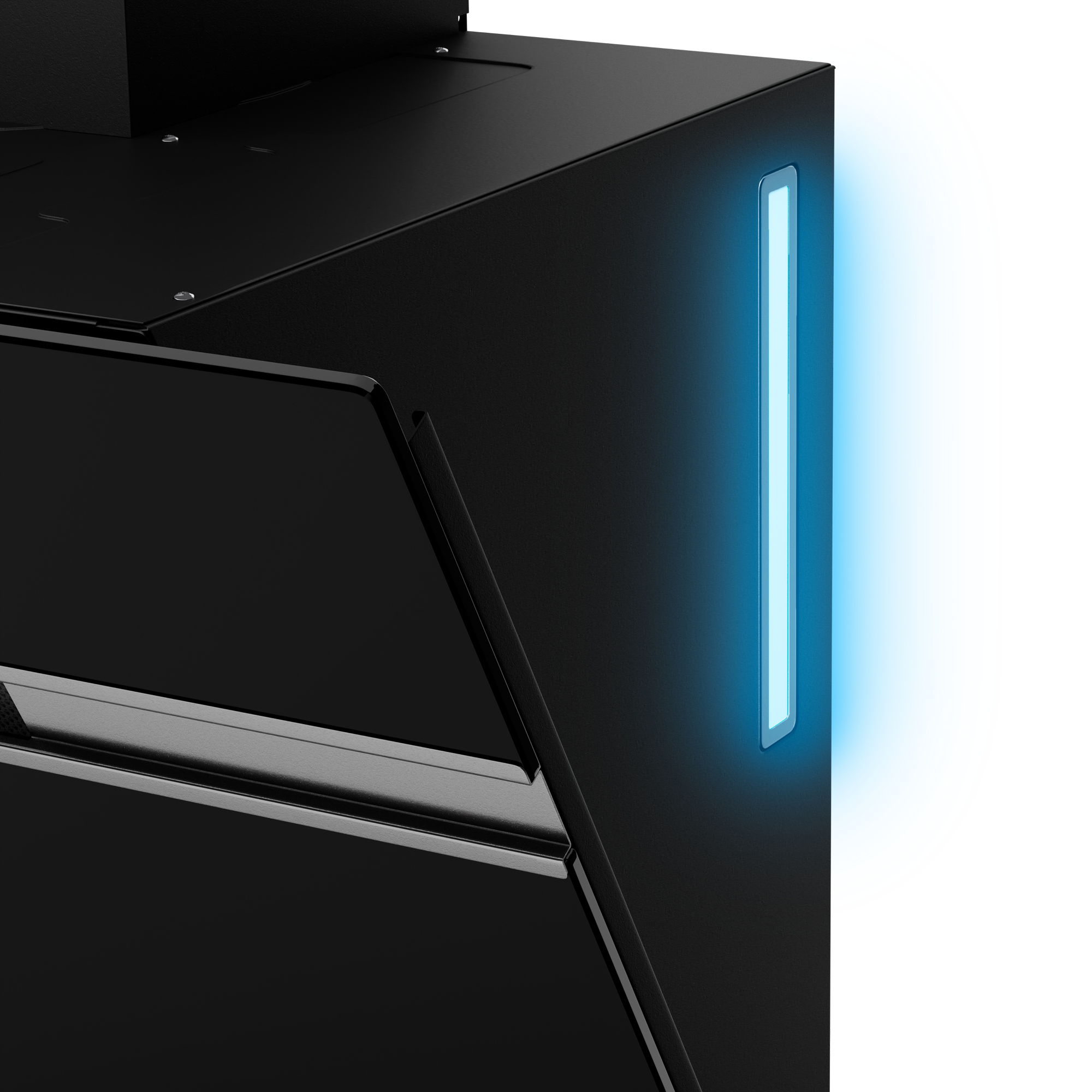 Nahaufnahme einer schwarzen Box mit blauem Lichtstreifen an der Seite. Die Box hat ein schlankes Design.