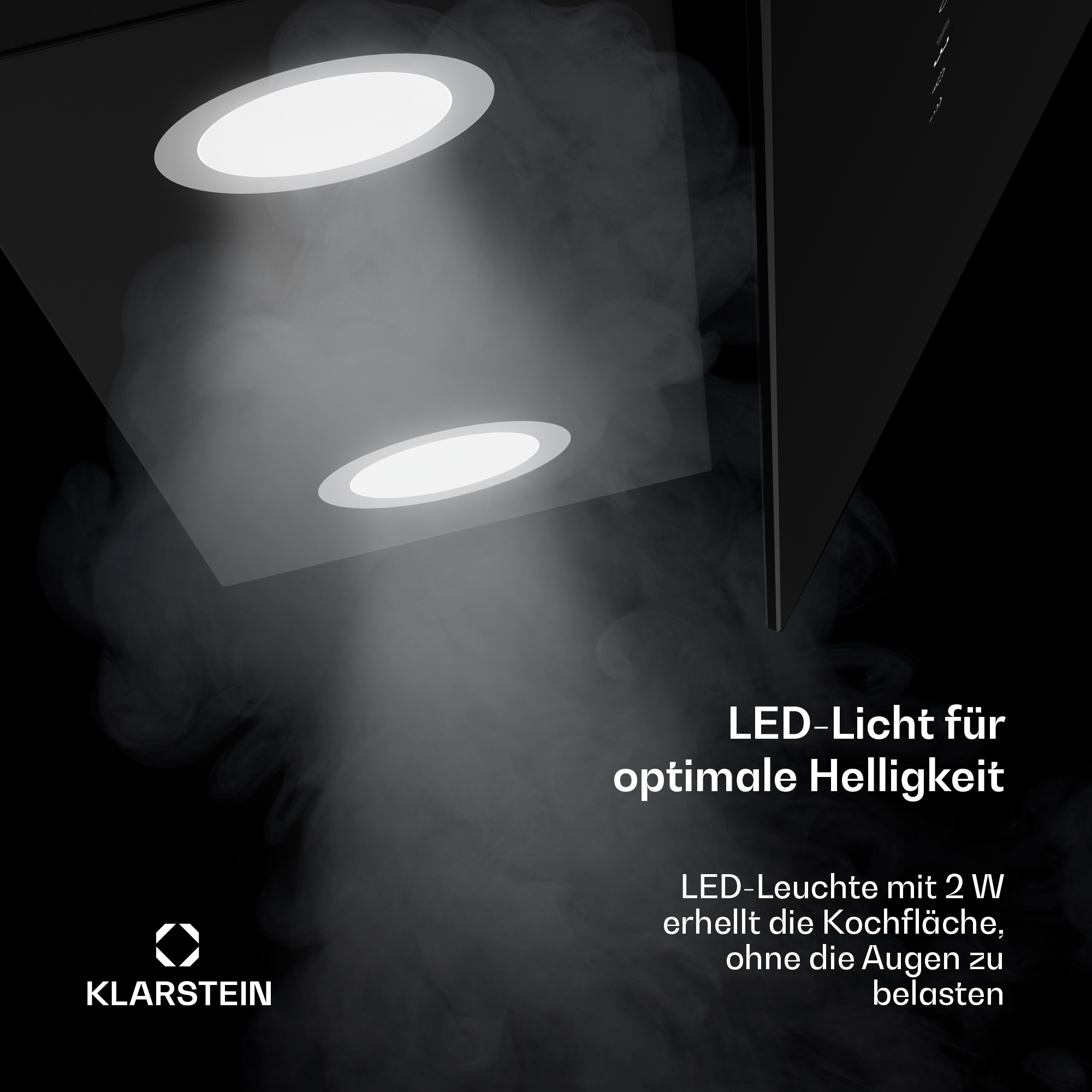 Helle LED-Leuchten beleuchten ein Kochfeld, wobei der Text optimale Helligkeit und Augenkomfort angibt.