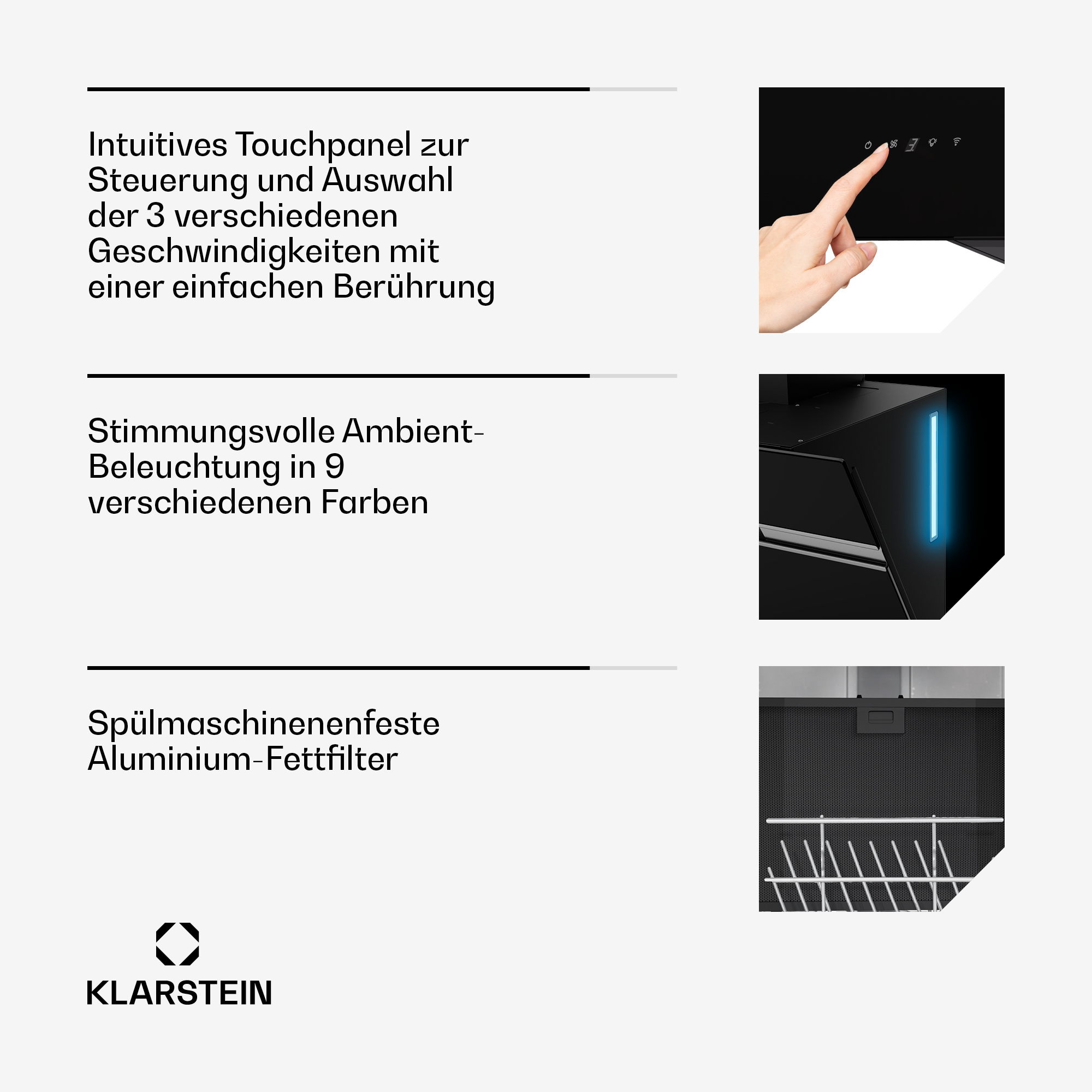 Bilder zeigen intuitives Touchpanel, Ambientebeleuchtung und spülmaschinenfeste Aluminium-Fettfilter für ein Küchengerät.