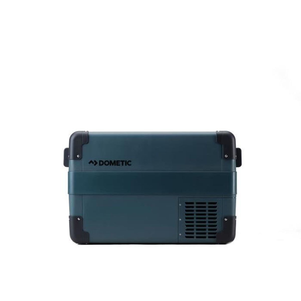 Un contenitore frigo Dometic verde acqua scuro. Ha una forma rettangolare con dettagli neri.