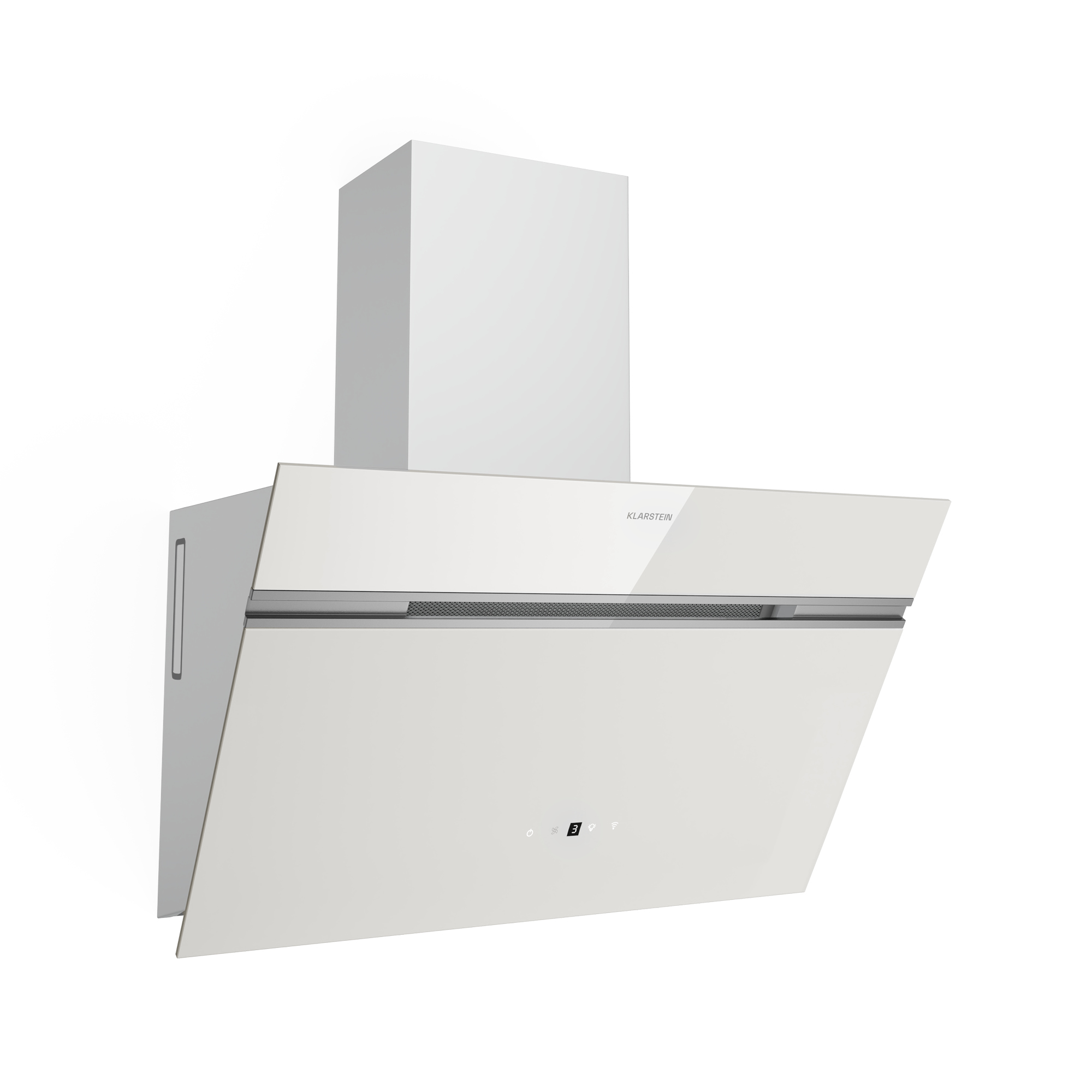 Una campana extractora blanca con un diseño elegante. Tiene una parte frontal de cristal y una pantalla digital.