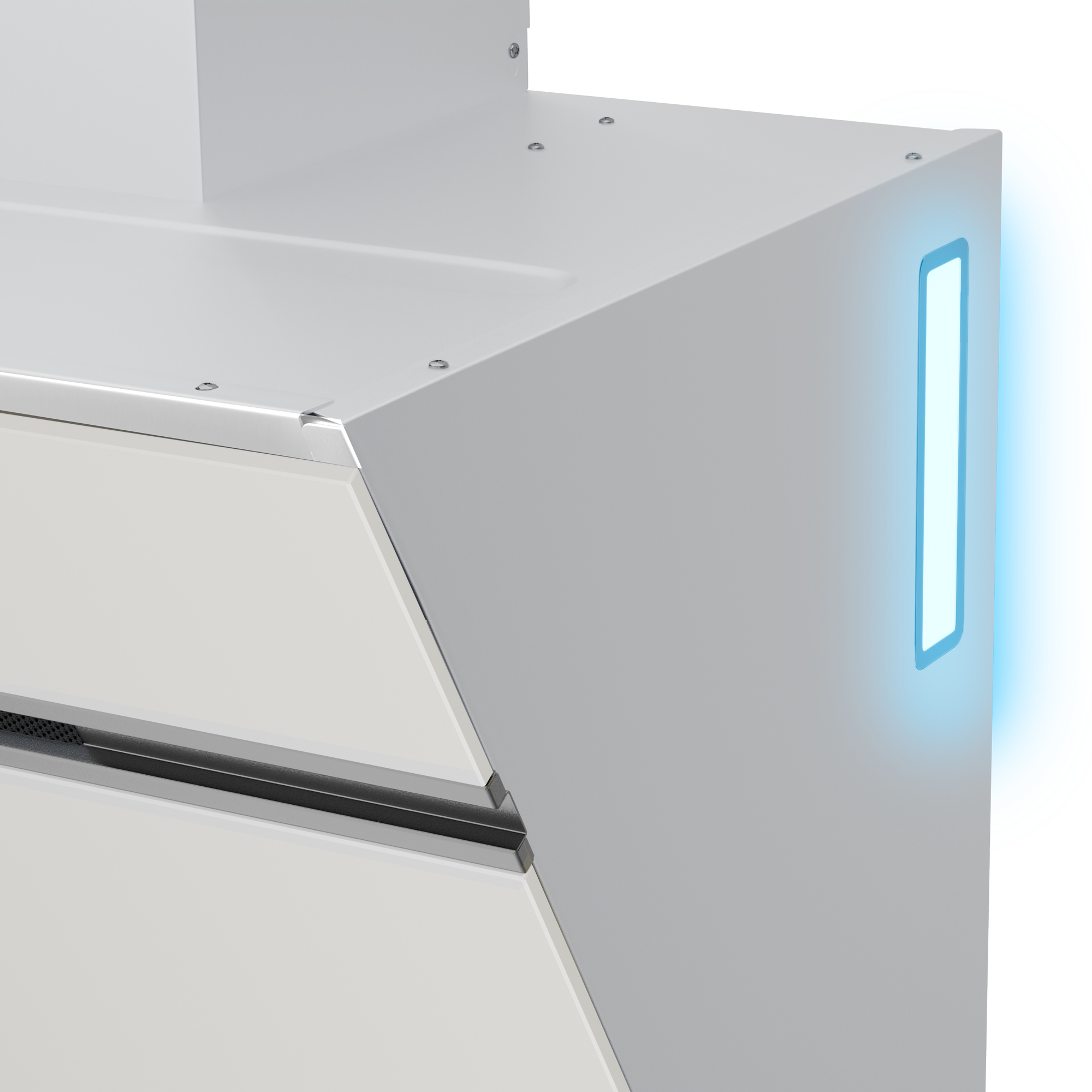 Un primer plano de una campana extractora blanca con una tira de luz azul iluminada.
