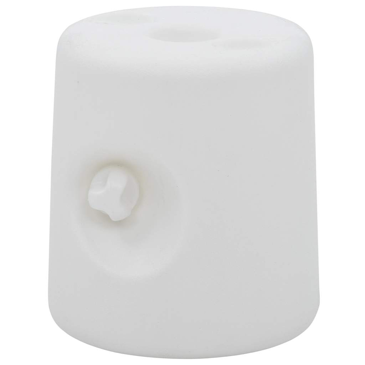 Un oggetto cilindrico bianco con una parte superiore arrotondata, una sporgenza a forma di bottone e due fori.