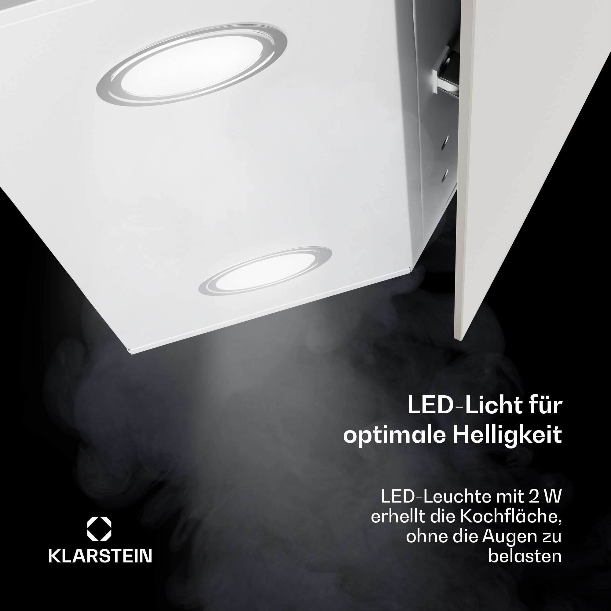 Dos luces que iluminan desde una superficie blanca. Texto en alemán sobre la luz óptima y sus beneficios.