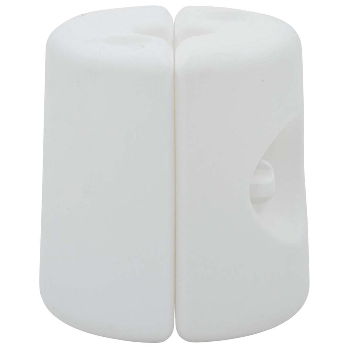 Sono mostrati due pezzi di plastica bianca. Sembrano essere metà di un cilindro.