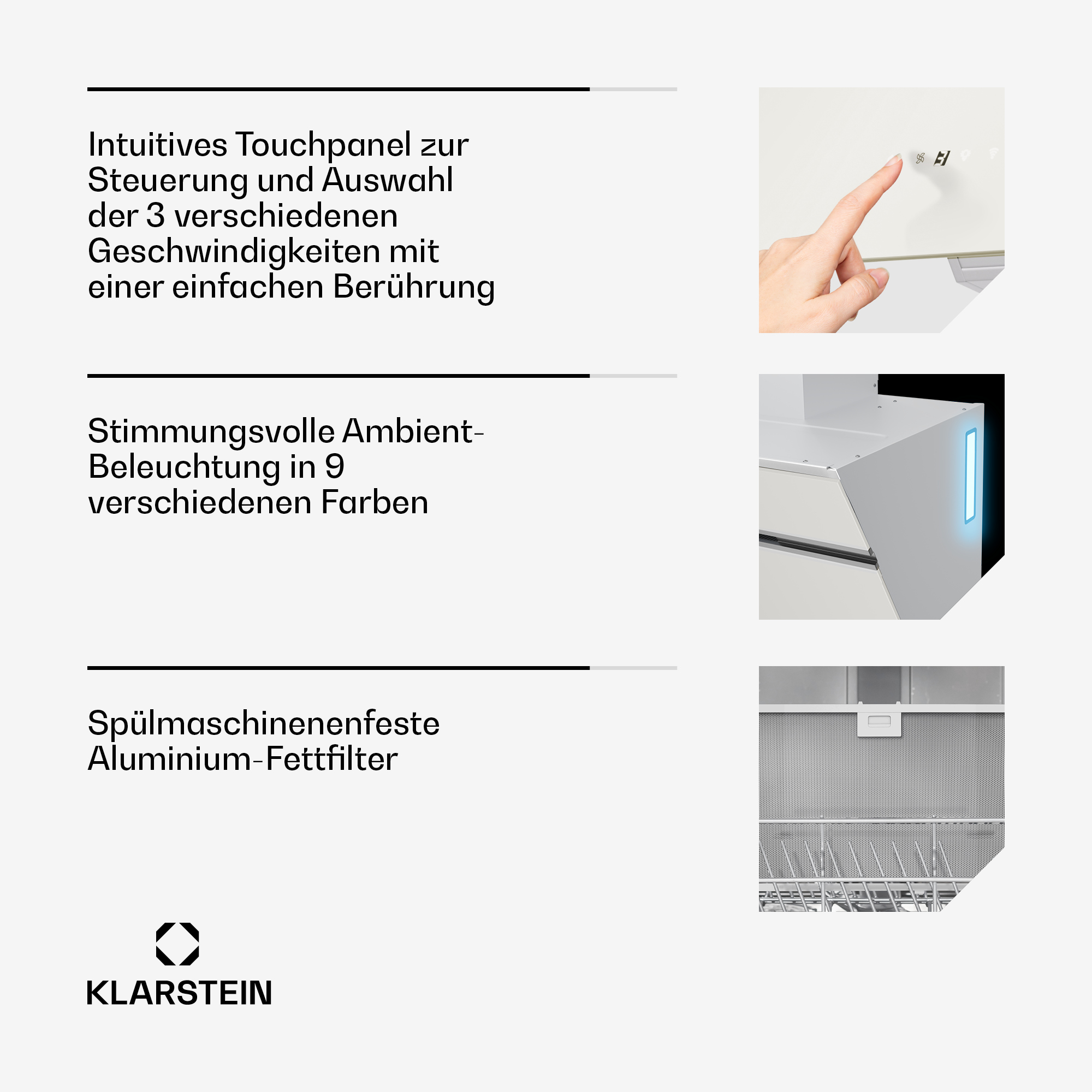 Un electrodoméstico blanco con texto y diagramas. Tiene un panel táctil, iluminación ambiental y un filtro.