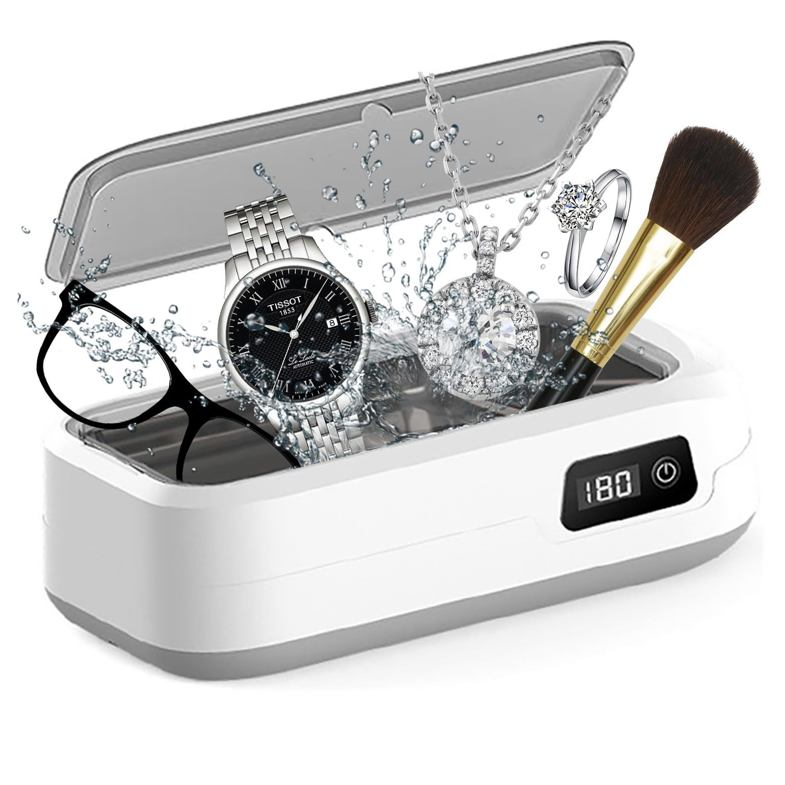 Ein weißer Ultraschallreiniger mit Brille, Uhr, Schmuck und einem Make-up-Pinsel darin.