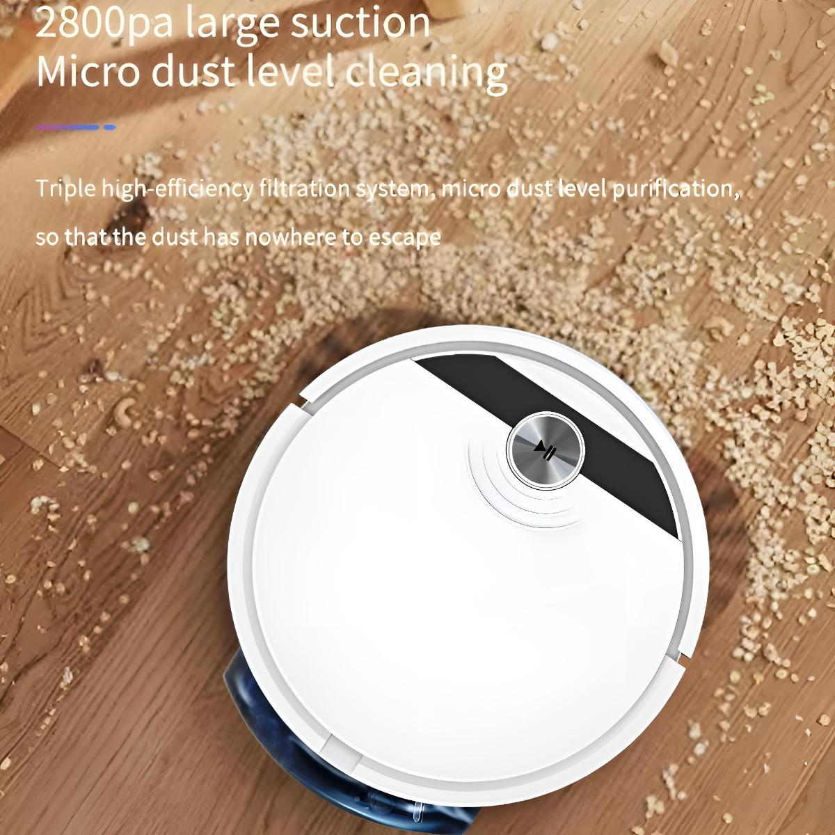 Ein weißer Roboter-Staubsauger auf einem Holzboden, mit Text über Saugen und Reinigung.