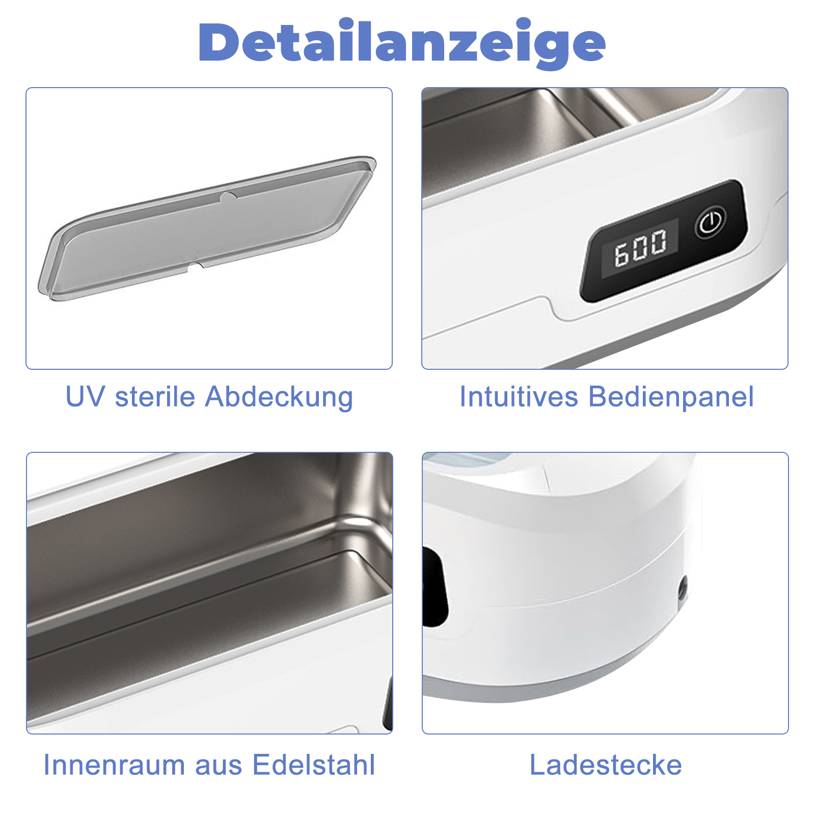Nahaufnahmen eines Ultraschallreinigers, die Details wie Deckel, Bedienfeld und Edelstahl-Innenraum zeigen.