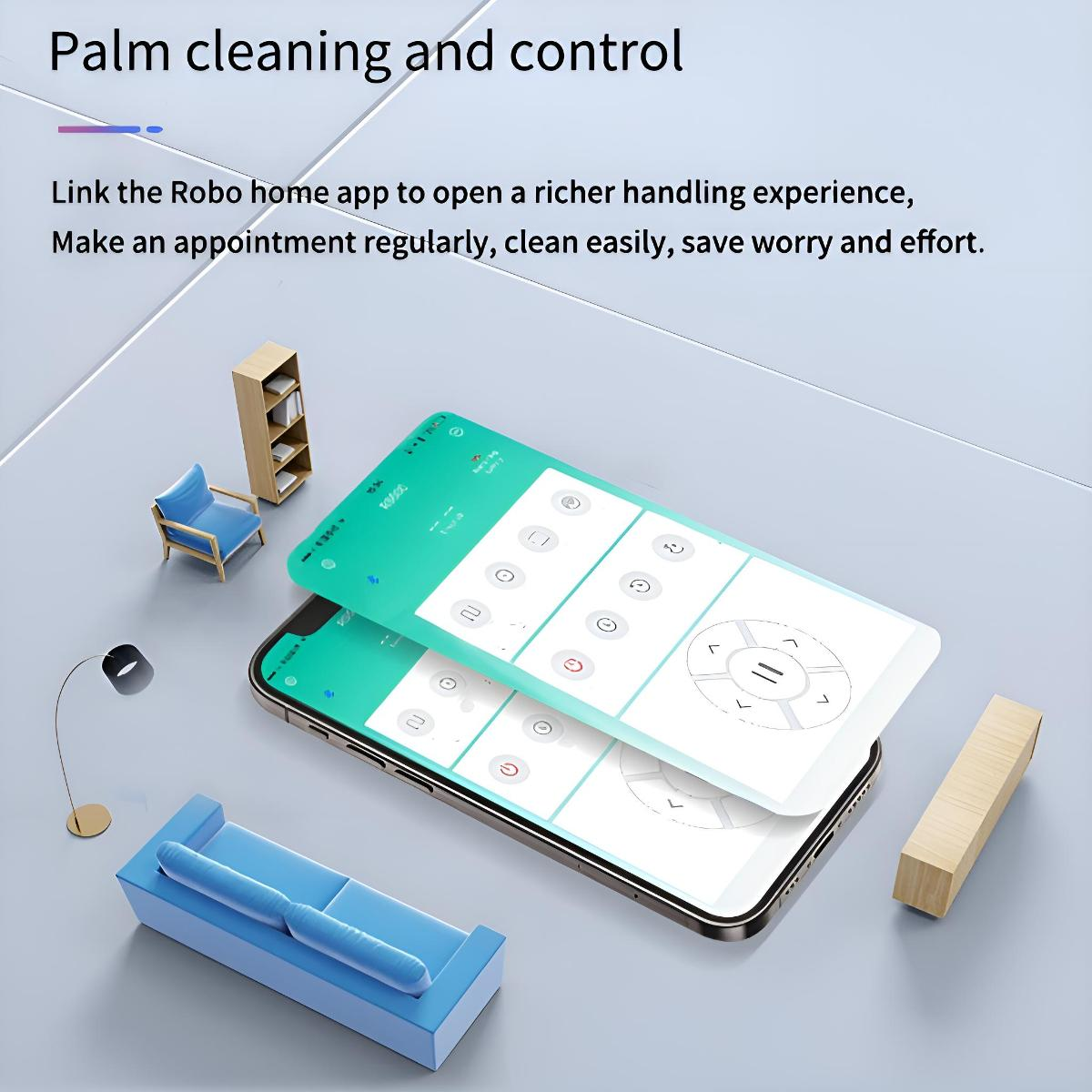 Ein Telefon zeigt eine Reinigungs-App vor verschwommenem Hintergrund mit Möbeln und einem Roboter.