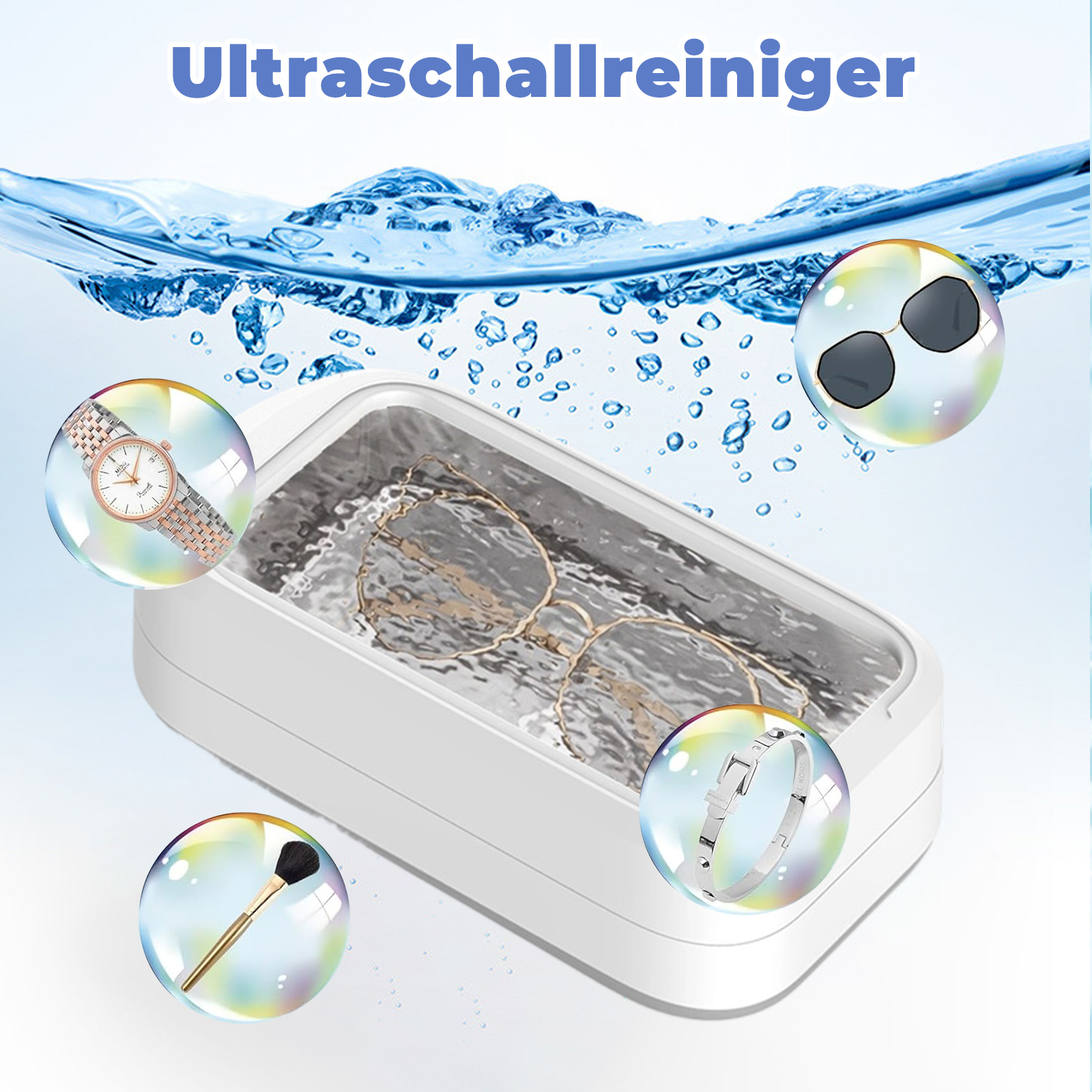 Ultraschallreiniger mit Gegenständen darin, Blasen drumherum und Wasserhintergrund.