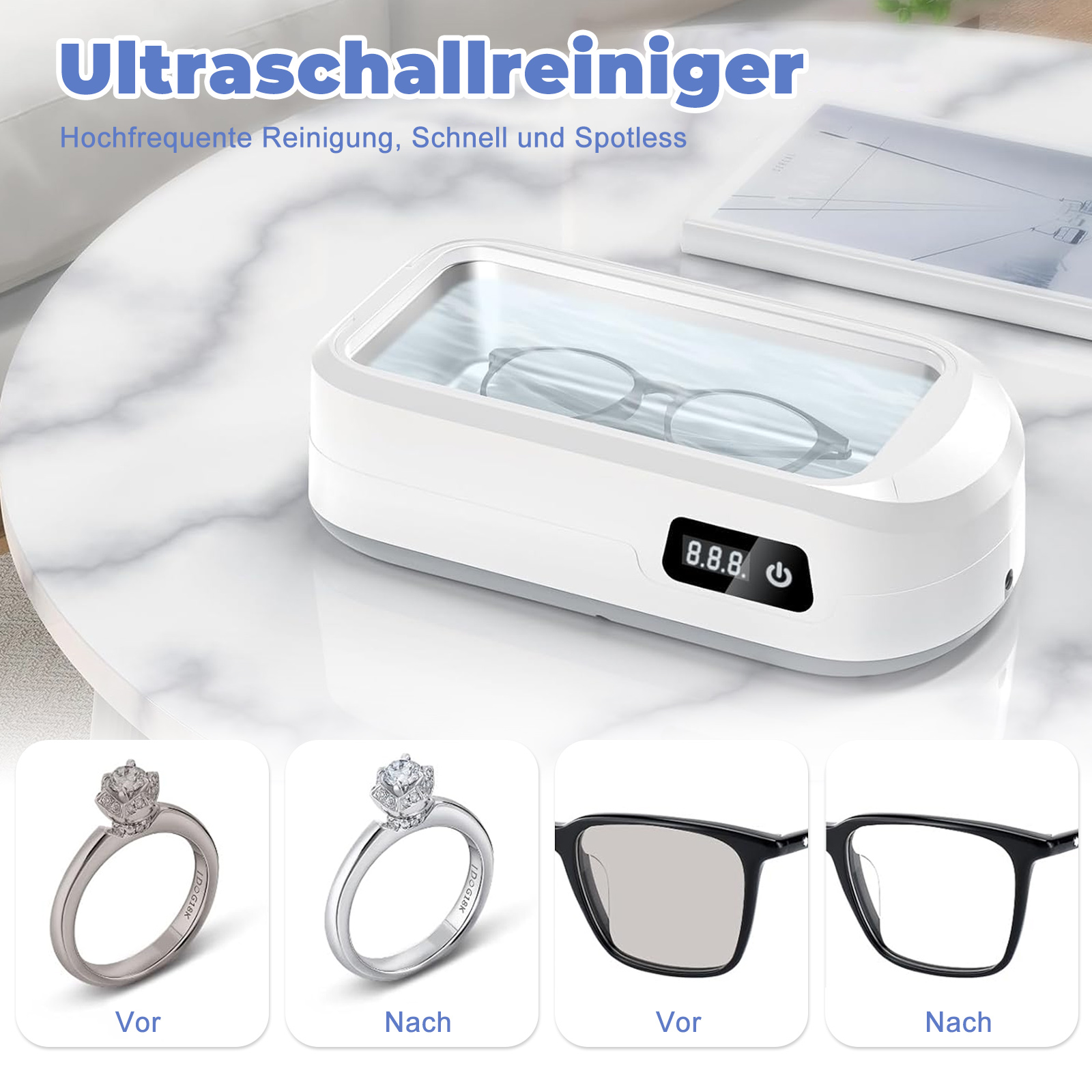 Ultraschallreiniger mit Brillen und Ringen vor und nach der Reinigung auf Marmoroberfläche.