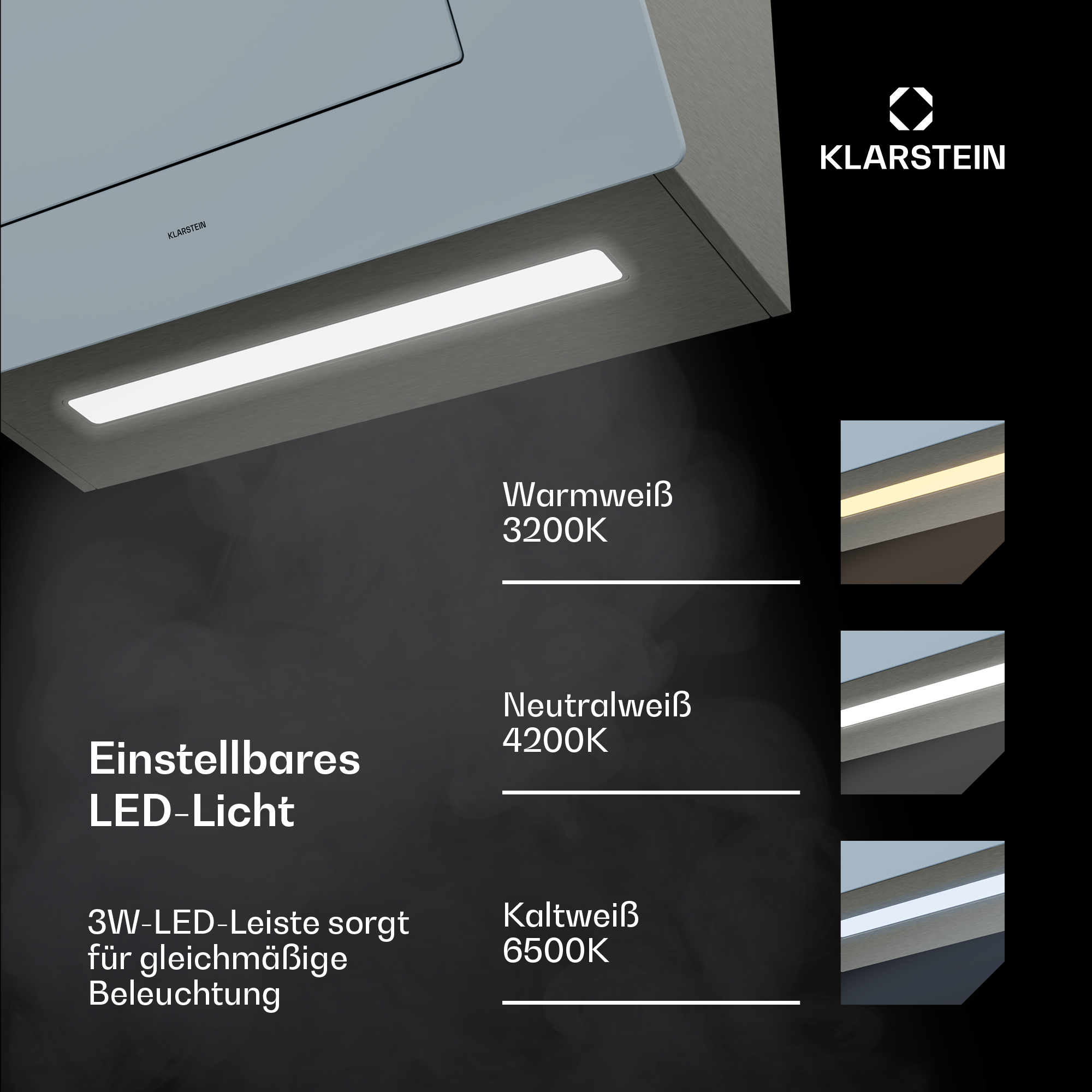 Primo piano di un muro con testo sulle luci a LED e sui colori della luce. Il marchio KLARSTEIN è visibile.