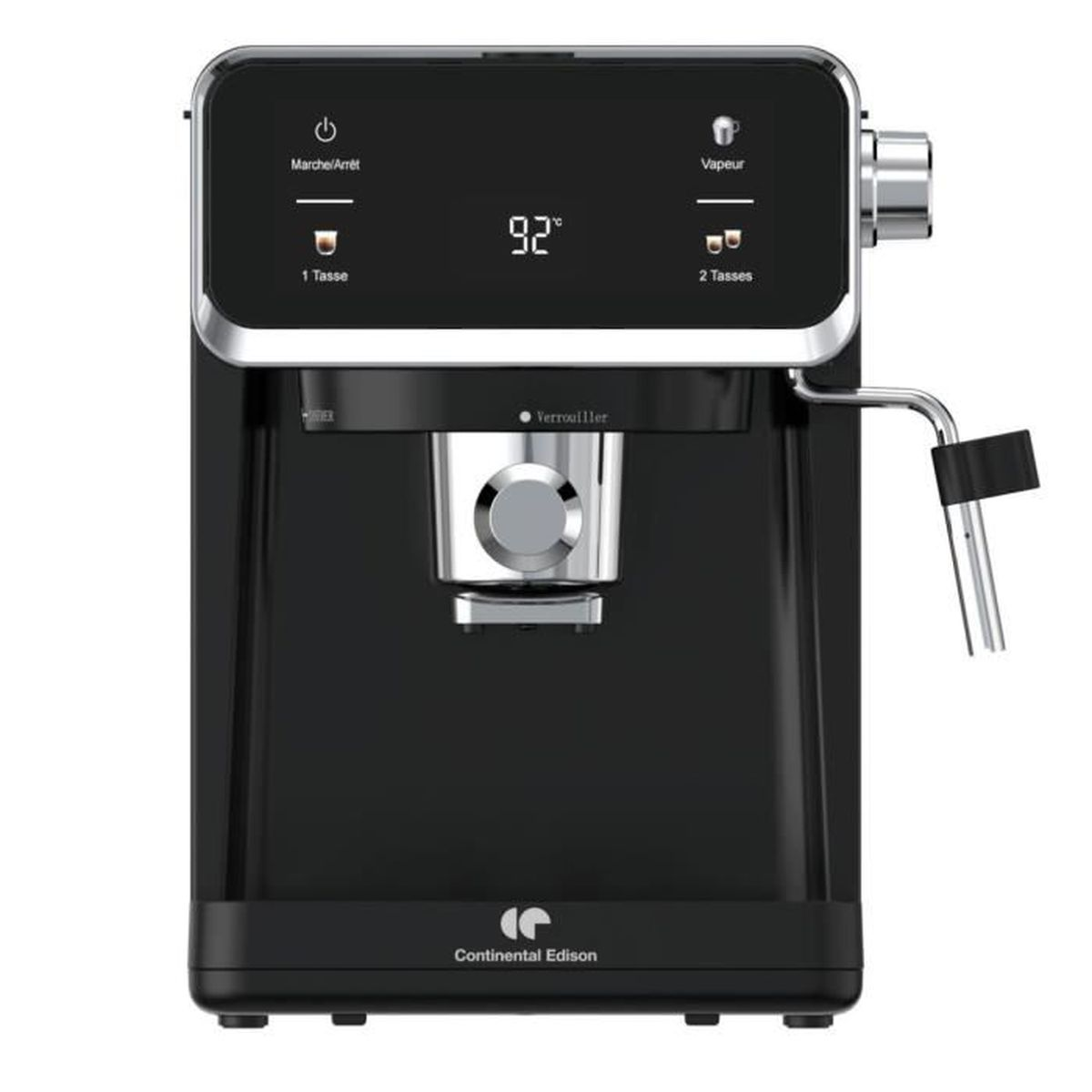 Schwarze Continental Edison Espressomaschine, Frontansicht, mit Digitalanzeige und Knöpfen. Silberner Ausguss.