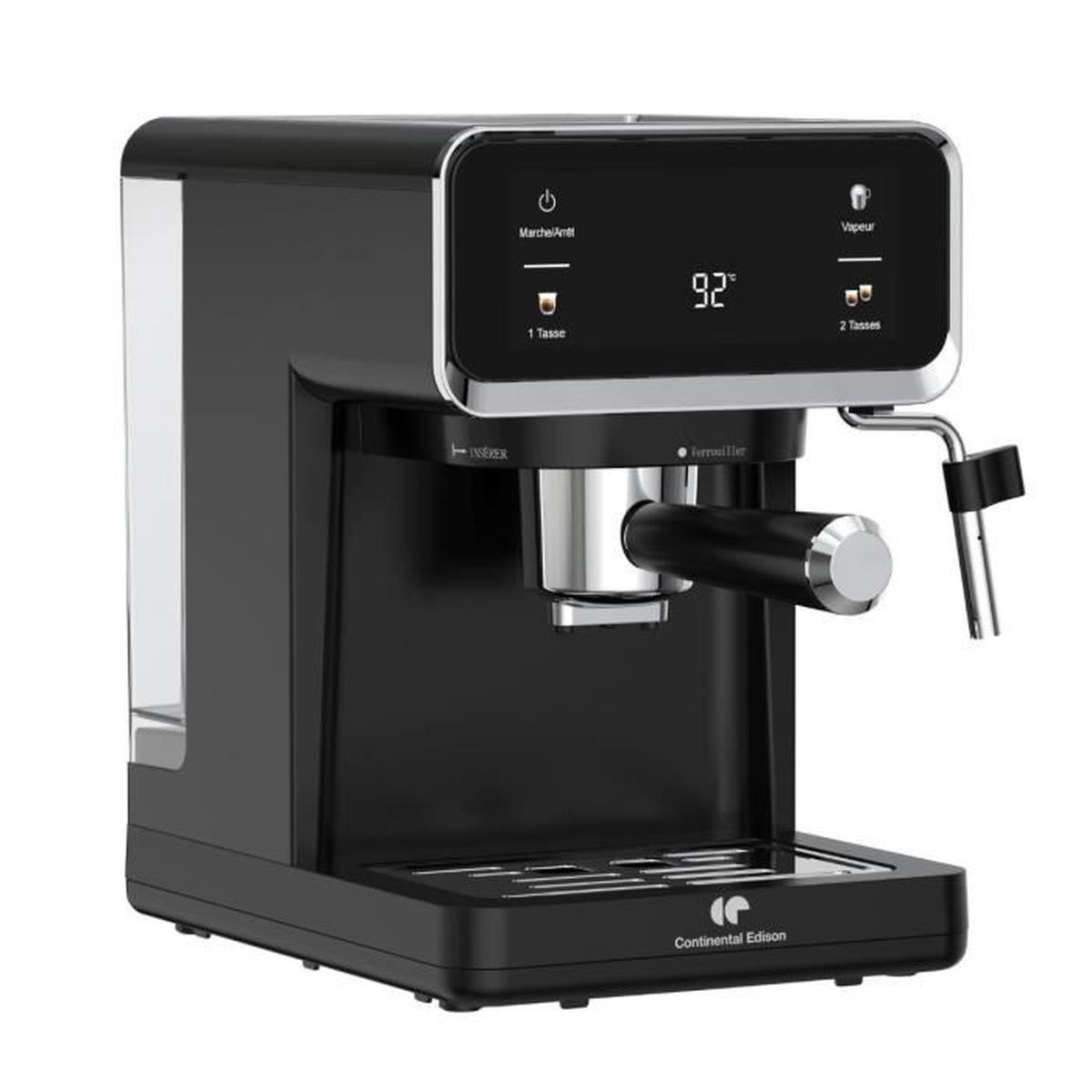 Schwarze Espressomaschine mit Digitalanzeige. Die Maschine hat Knöpfe für eine und zwei Tassen und Dampf.
