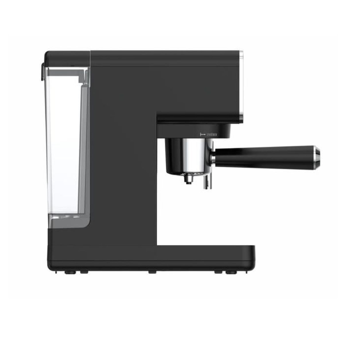 Schwarze Continental Edison Espressomaschine, Seitenansicht, mit Wassertank und Ausguss. Auf weißem Hintergrund.