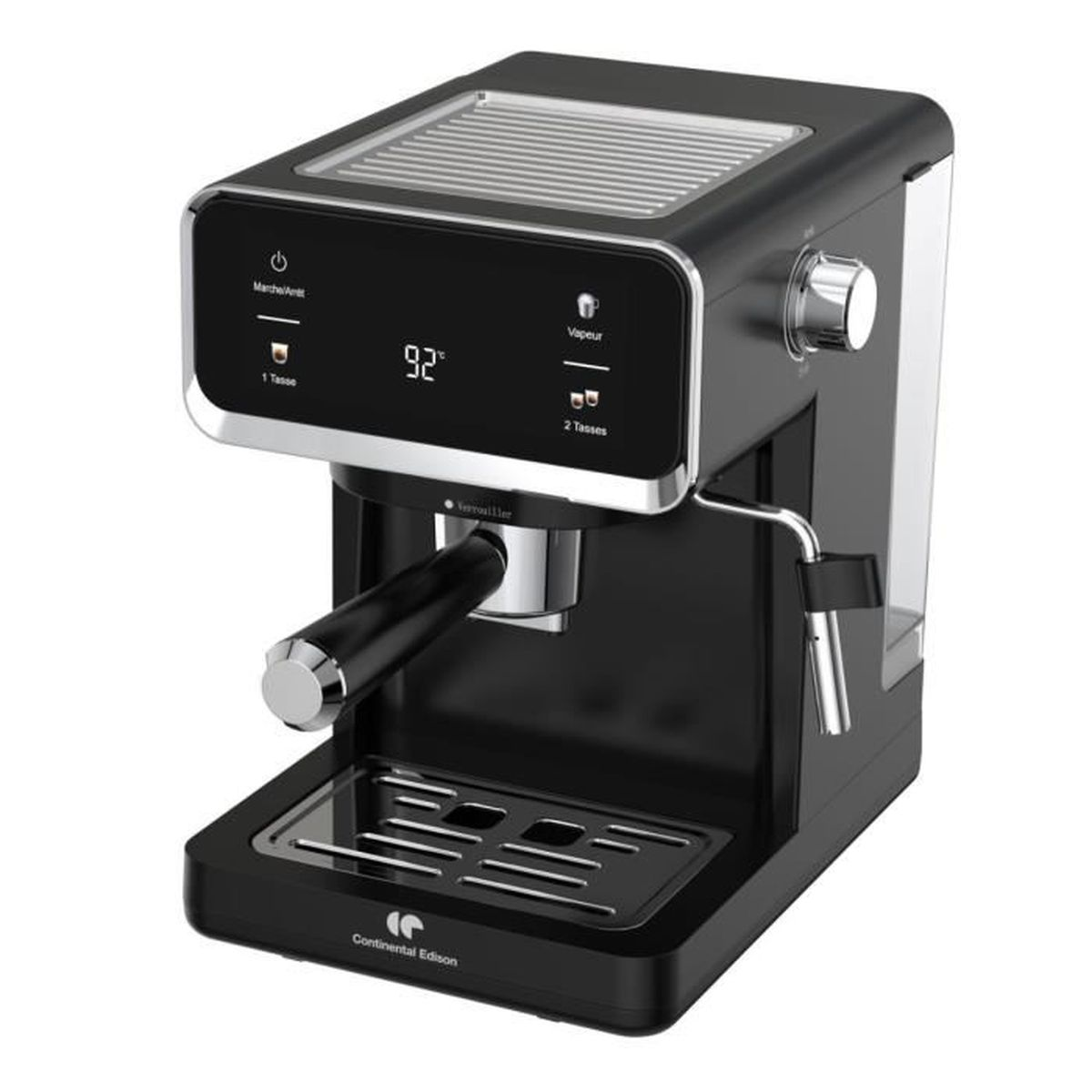 Schwarz-silberne Continental Edison Espressomaschine mit Digitalanzeige und Knöpfen.