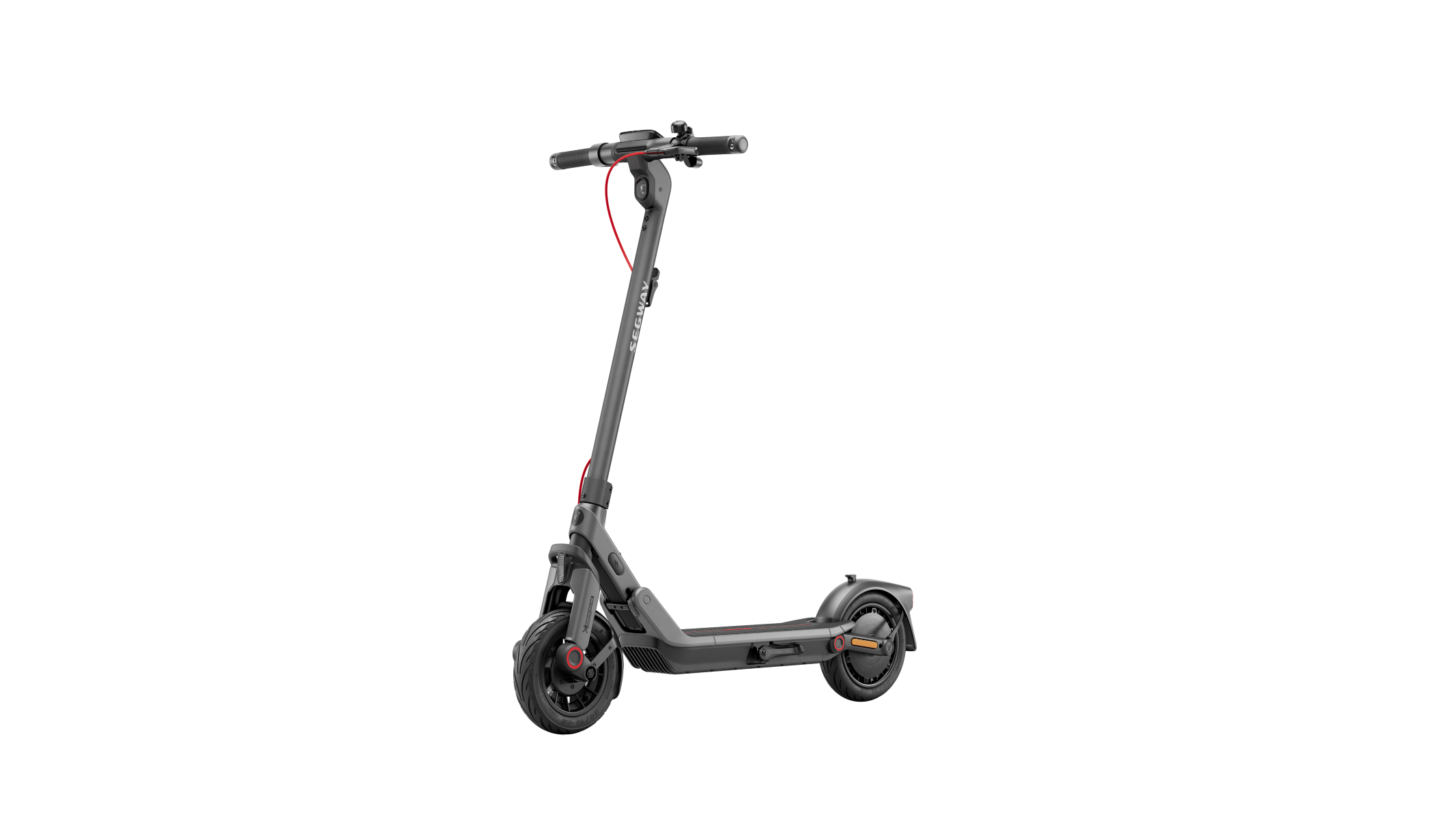 Szara hulajnoga elektryczna na czarnym tle. Ma czerwone akcenty i jest złożona.