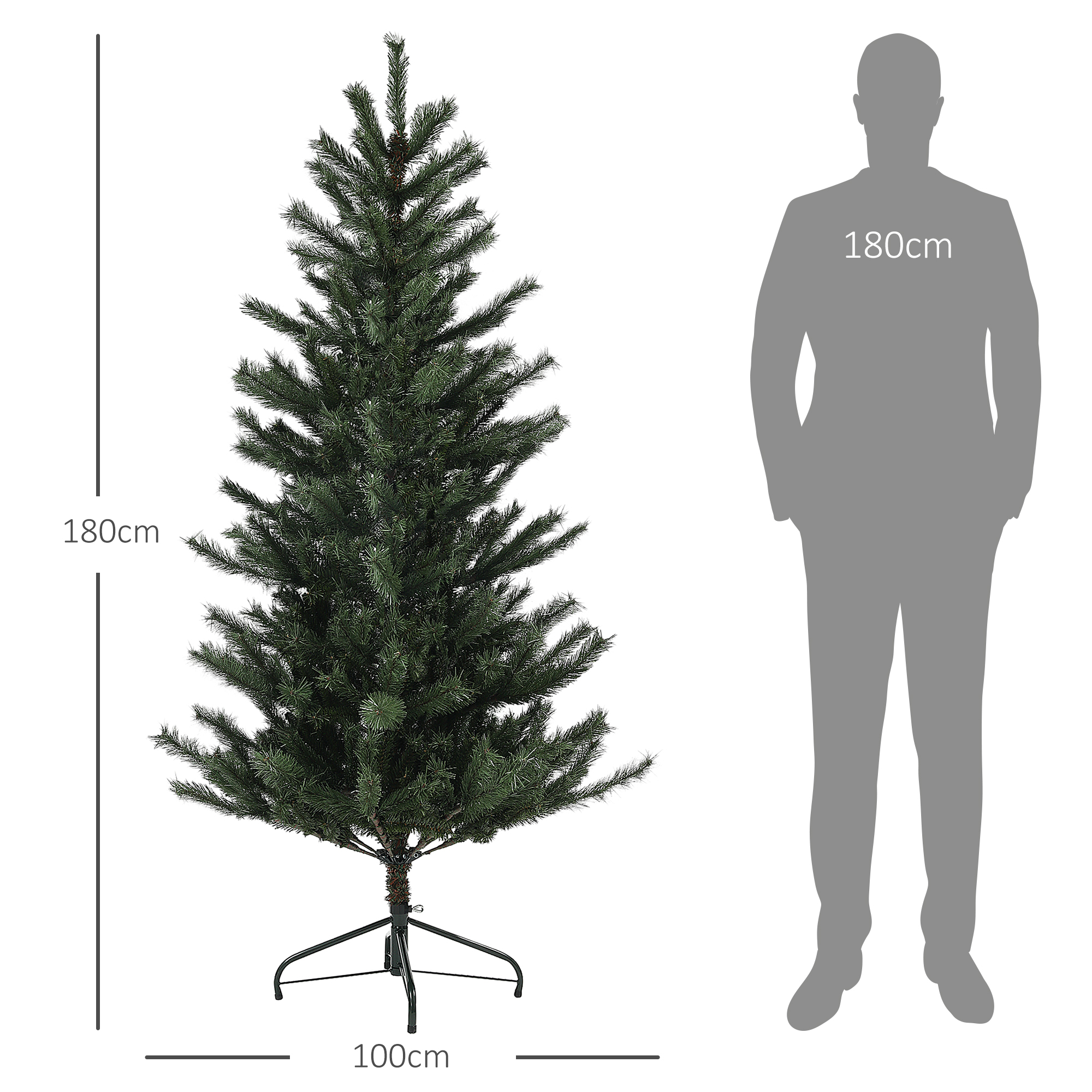 Ein hoher grüner Weihnachtsbaum steht neben einer Personensilhouette, beides vor weißem Hintergrund.