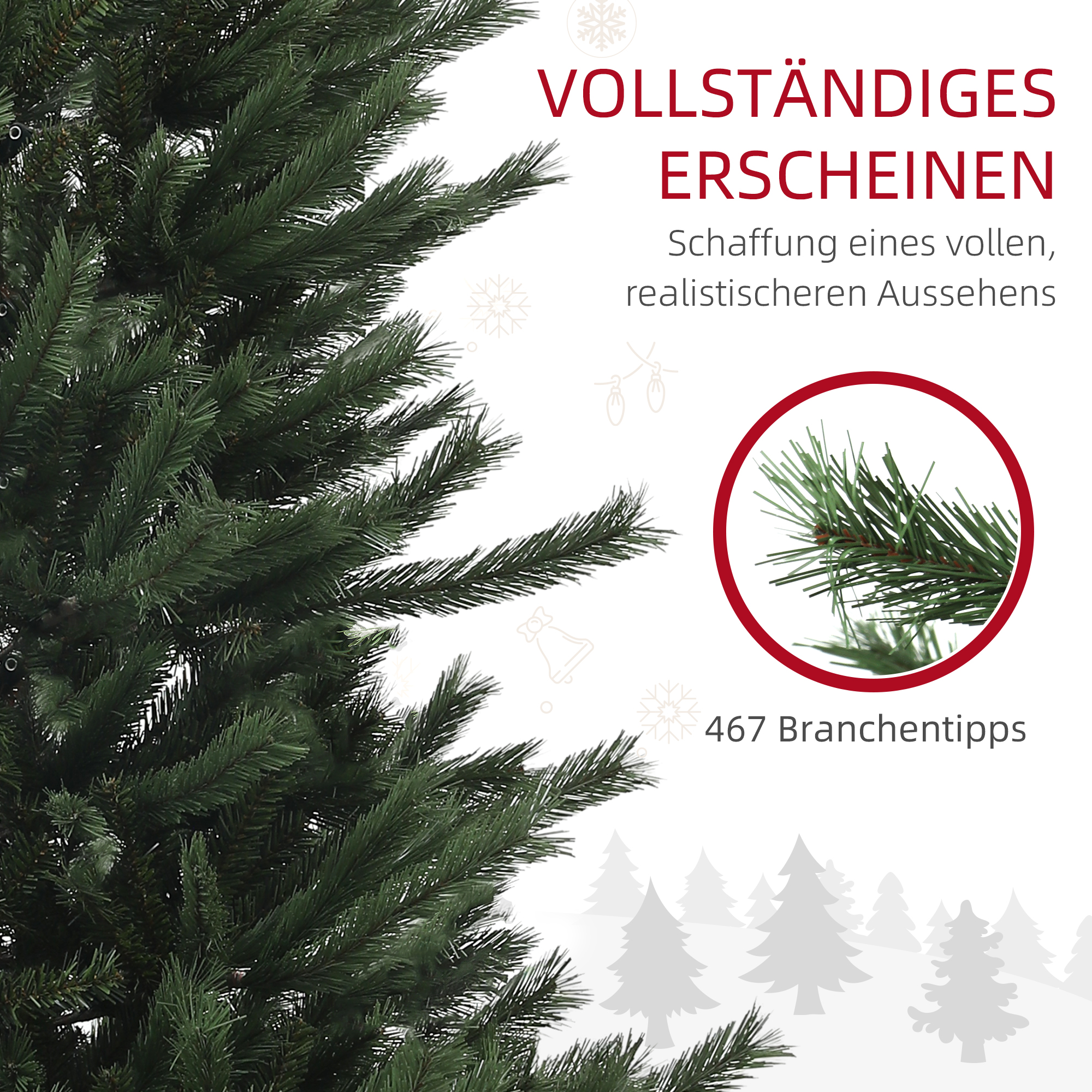 Nahaufnahme eines grünen Weihnachtsbaums mit einem Text, der ein volleres Aussehen bewirbt. Ein detaillierter Zweig wird hervorgehoben.