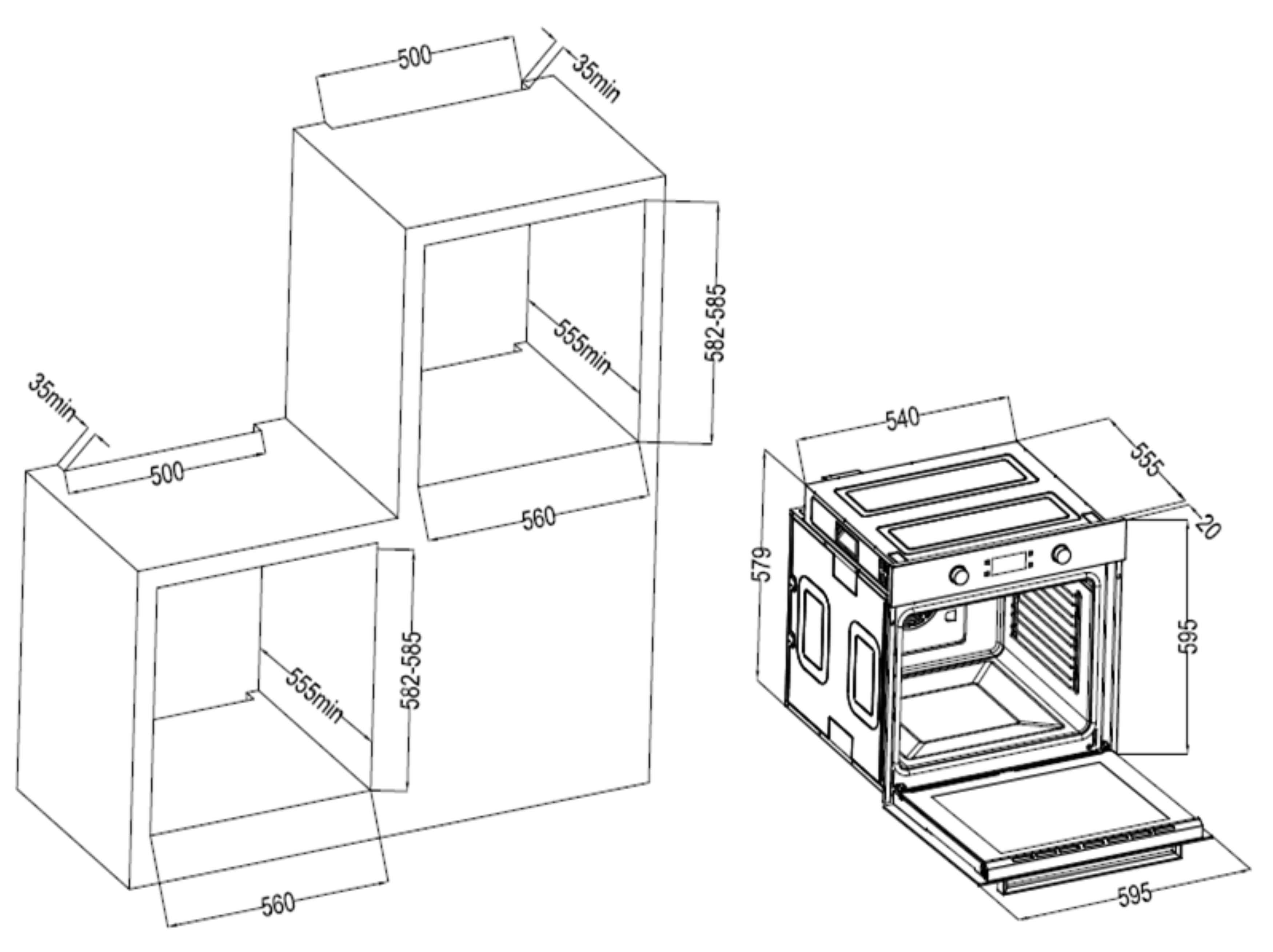 Technische tekeningen van een oven en de installatieafmetingen, met afmetingen in millimeters.