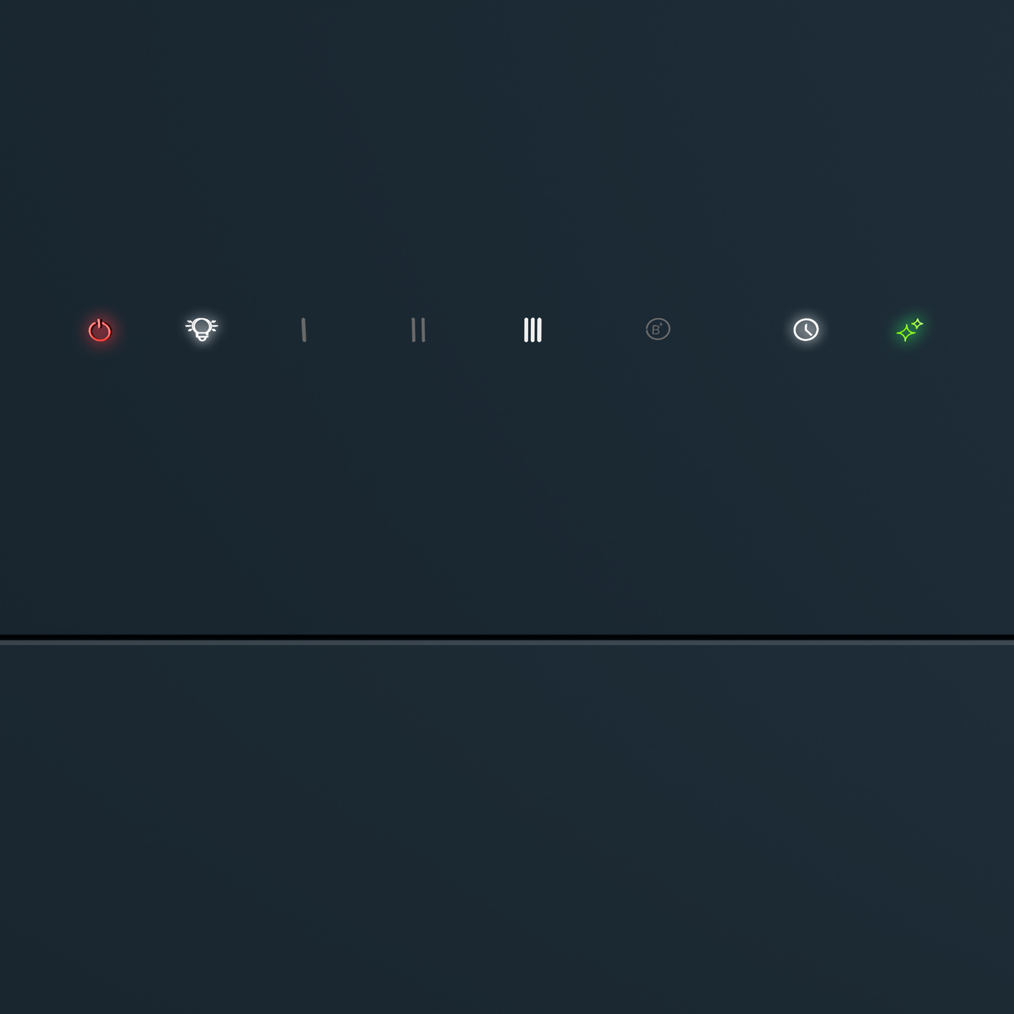 Primo piano di un pannello nero con varie icone illuminate, tra cui un pulsante di accensione e luce.