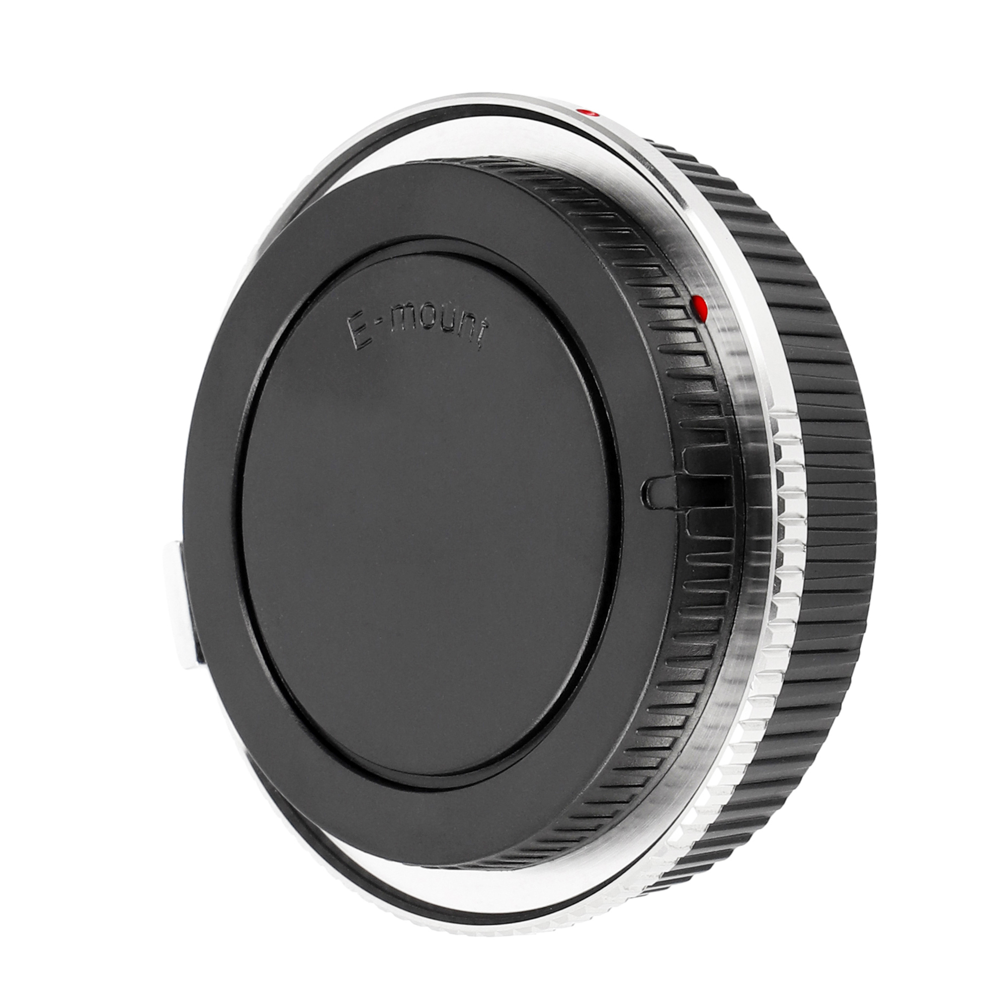 Schwarze Objektivkappe mit der Aufschrift 'E-Mount'. Silberner und schwarzer Ring.