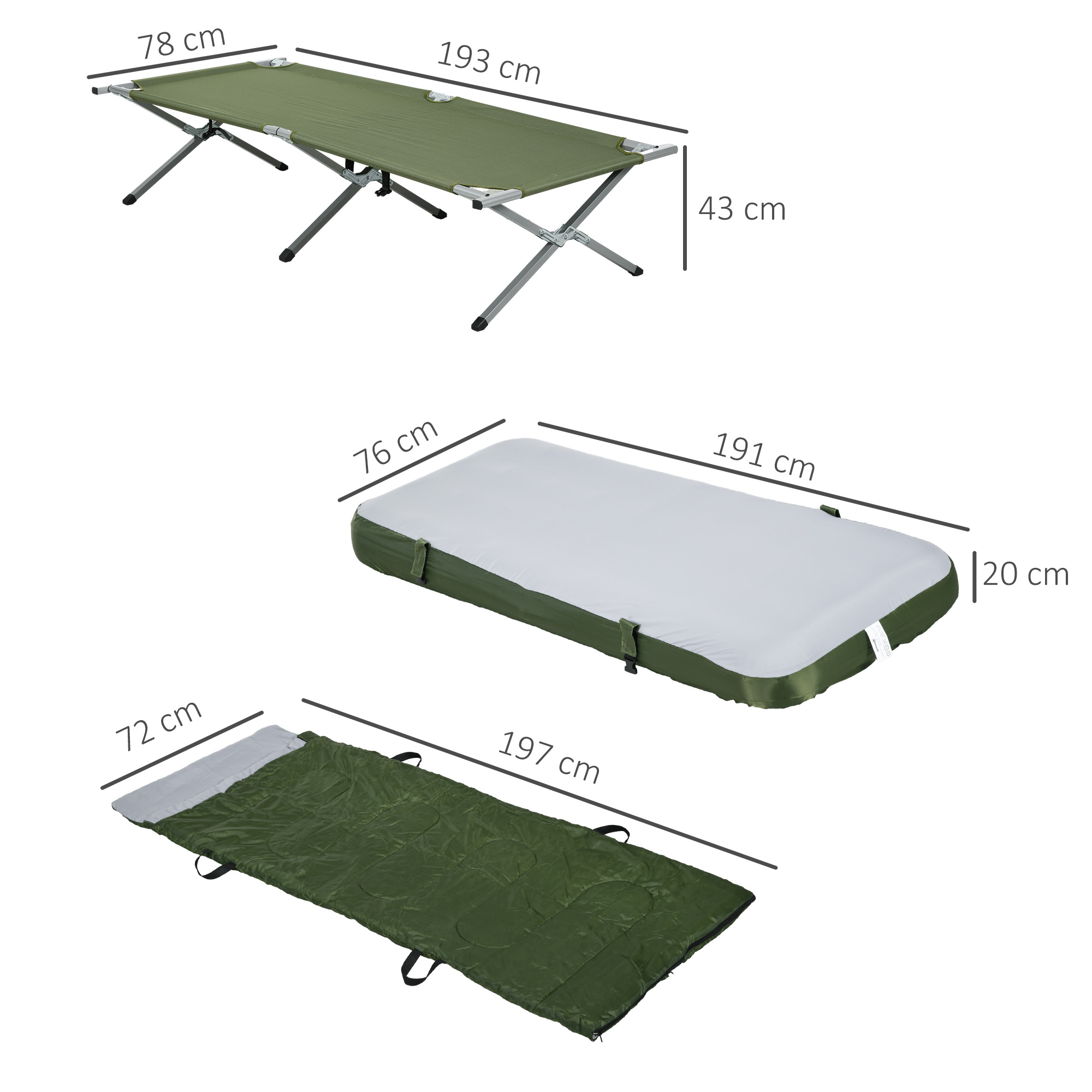 Klappbares Campingbett, aufblasbare Matratze und Schlafsack. Abmessungen sind für jeden Artikel angegeben.