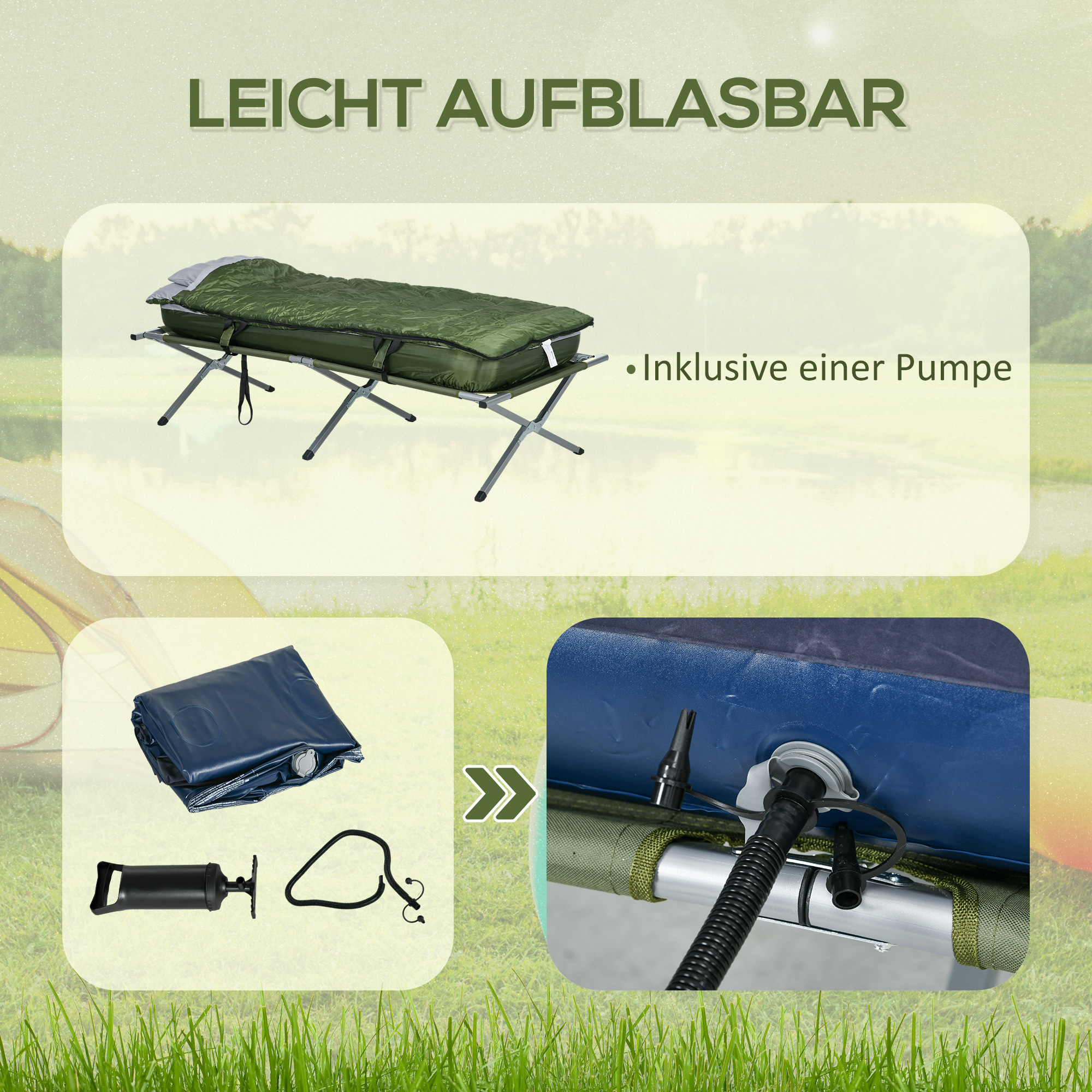 Bild zeigt Campingbett, Schlafsack und aufblasbare Matratze mit Pumpe. Text auf Deutsch.