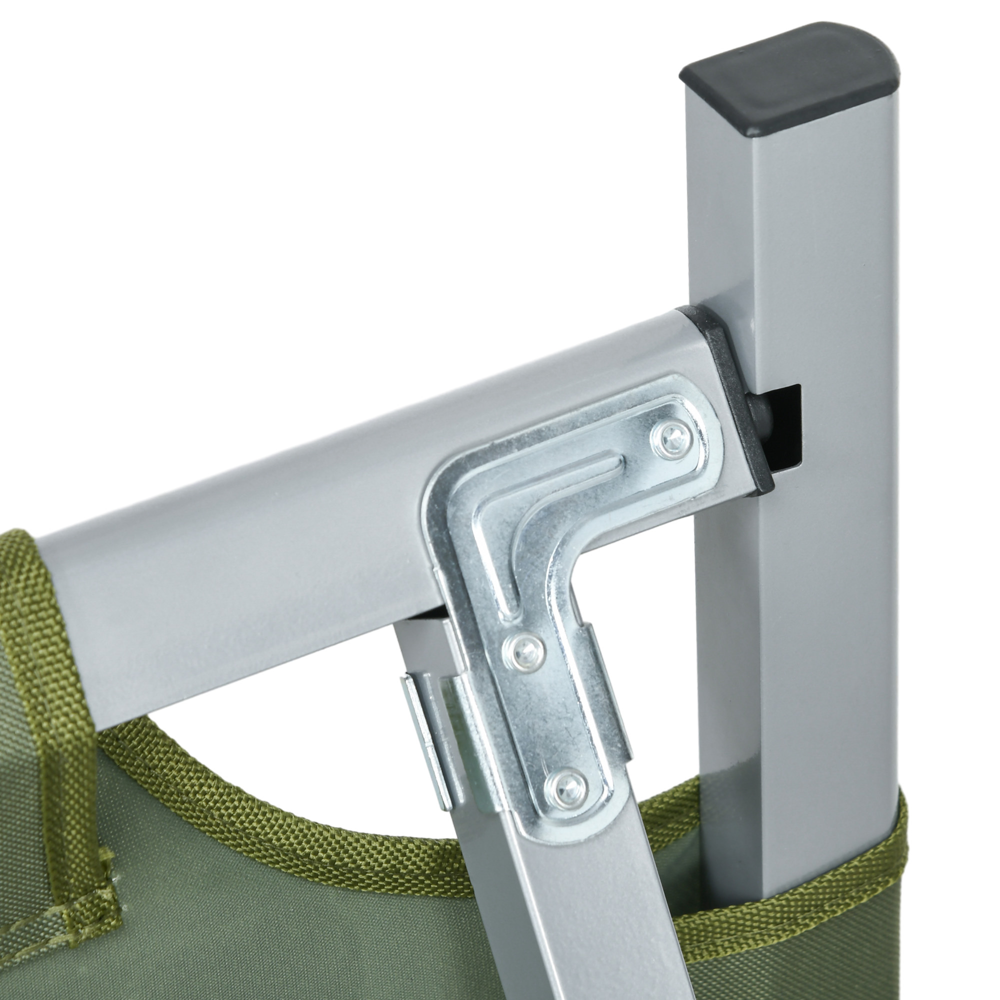 Nahaufnahme einer Metallgelenk-Klappstuhl mit Stoff.