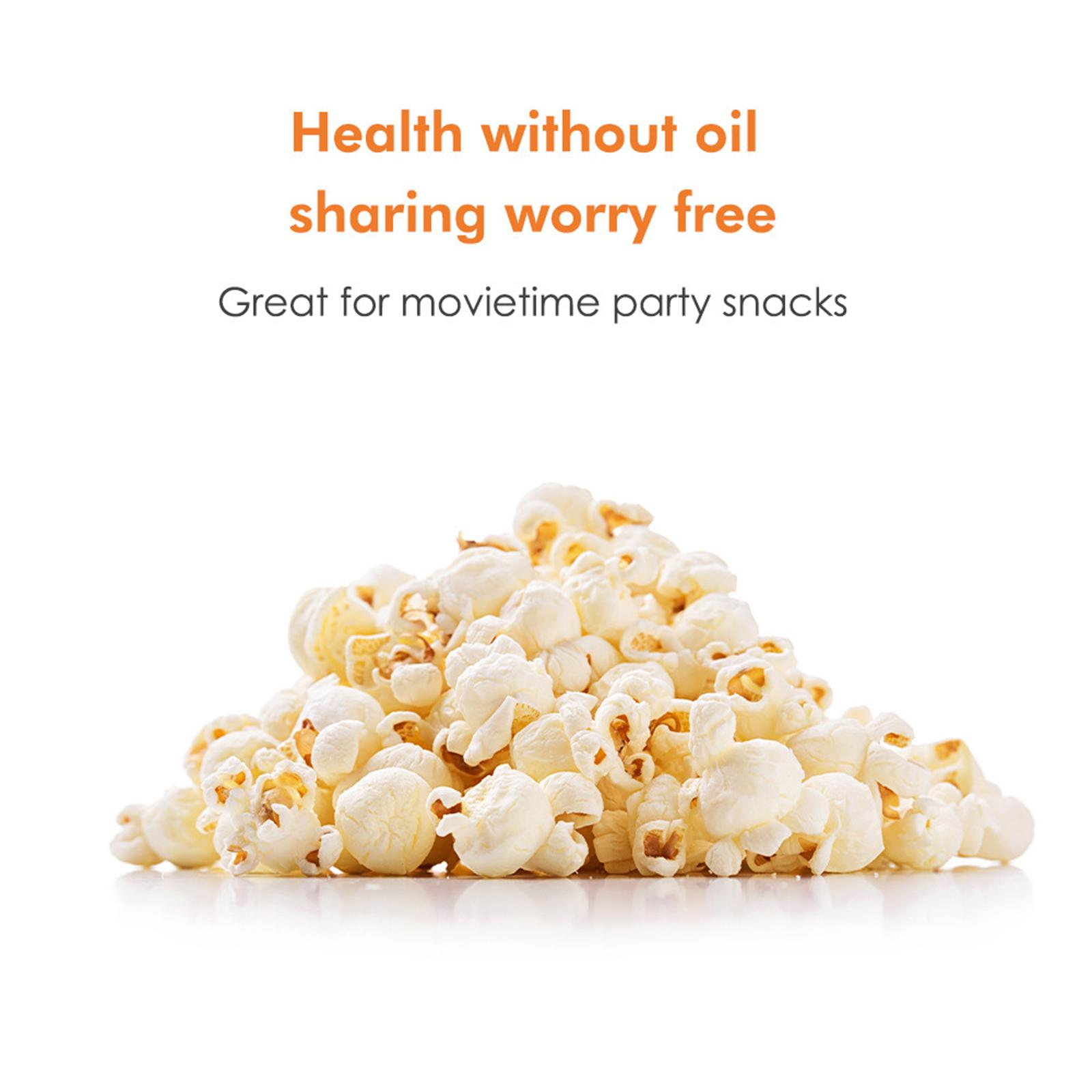 Popcorn. Text: Gesundheit ohne Öl, Sorgenfreiheit teilen. Ideal für Filmabend-Partysnacks.