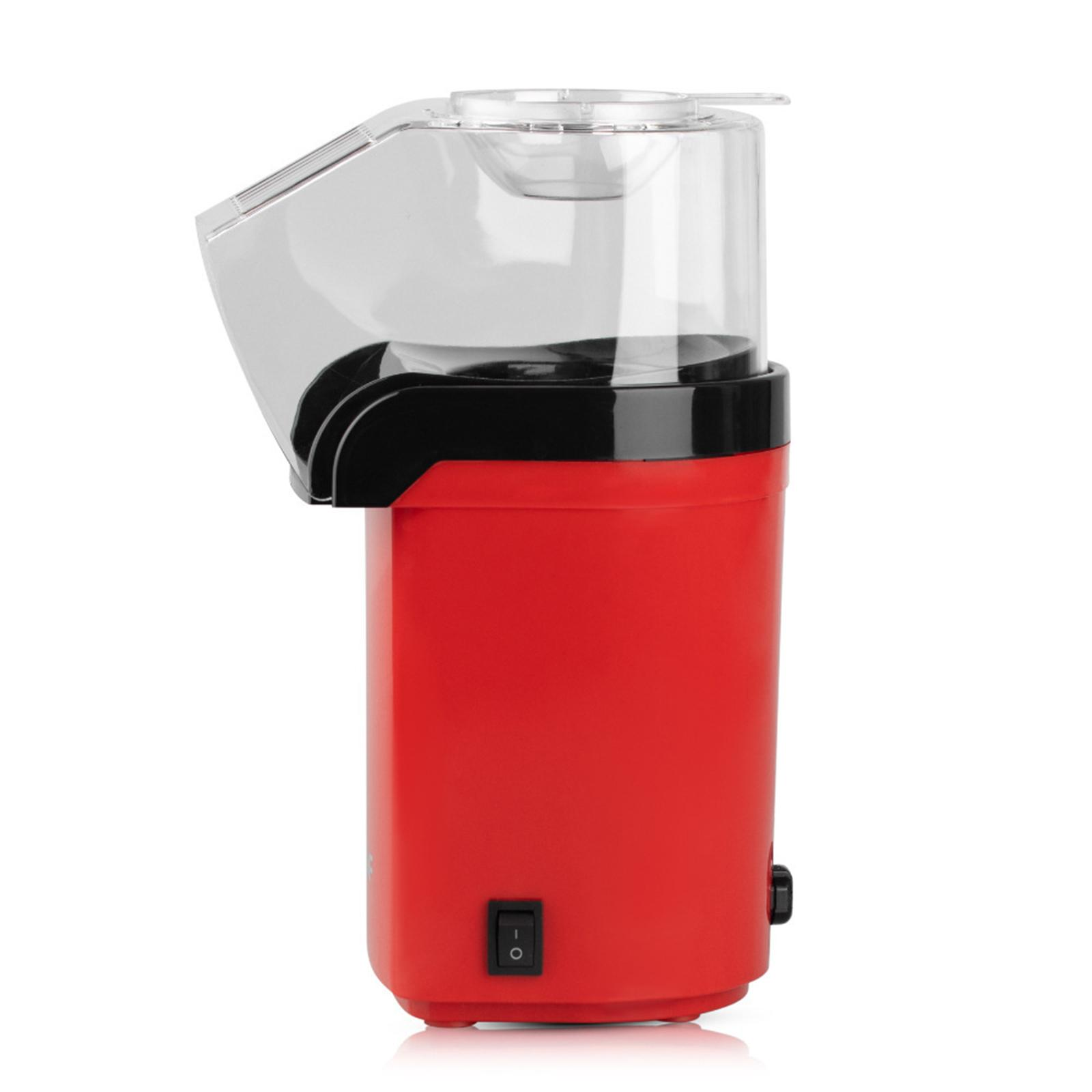 Rote Popcornmaschine mit transparentem Deckel und schwarzen Details, vor Weiß.